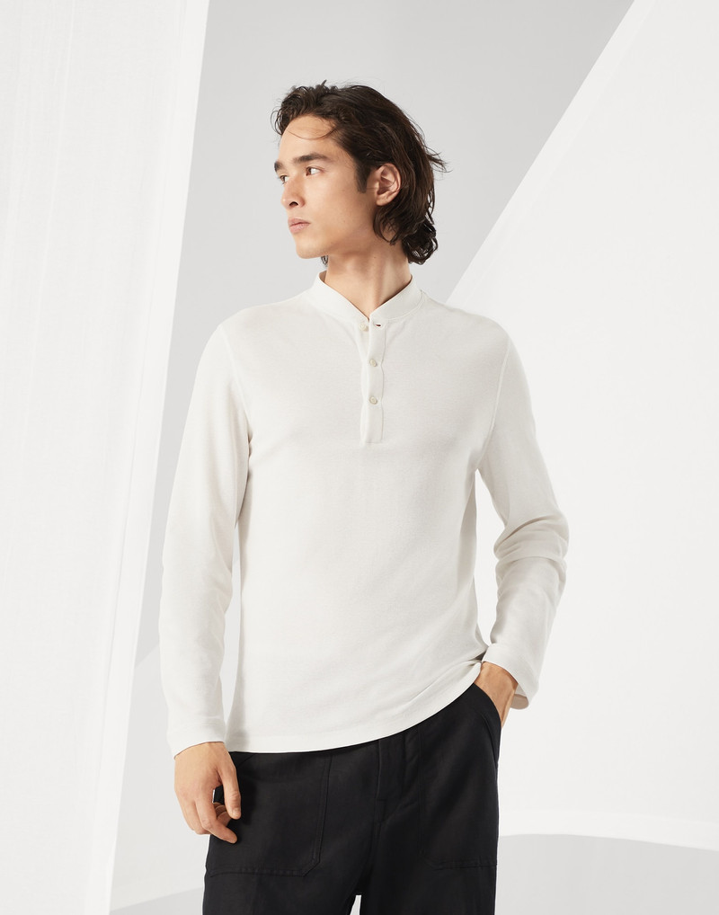 Cotton waffle jersey long sleeve T-shirt with Henley collar 1
