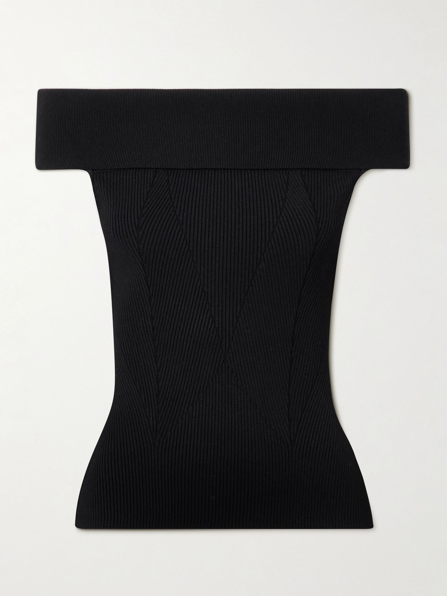 Off-the-shoulder paneled ribbed-knit top Black - 1