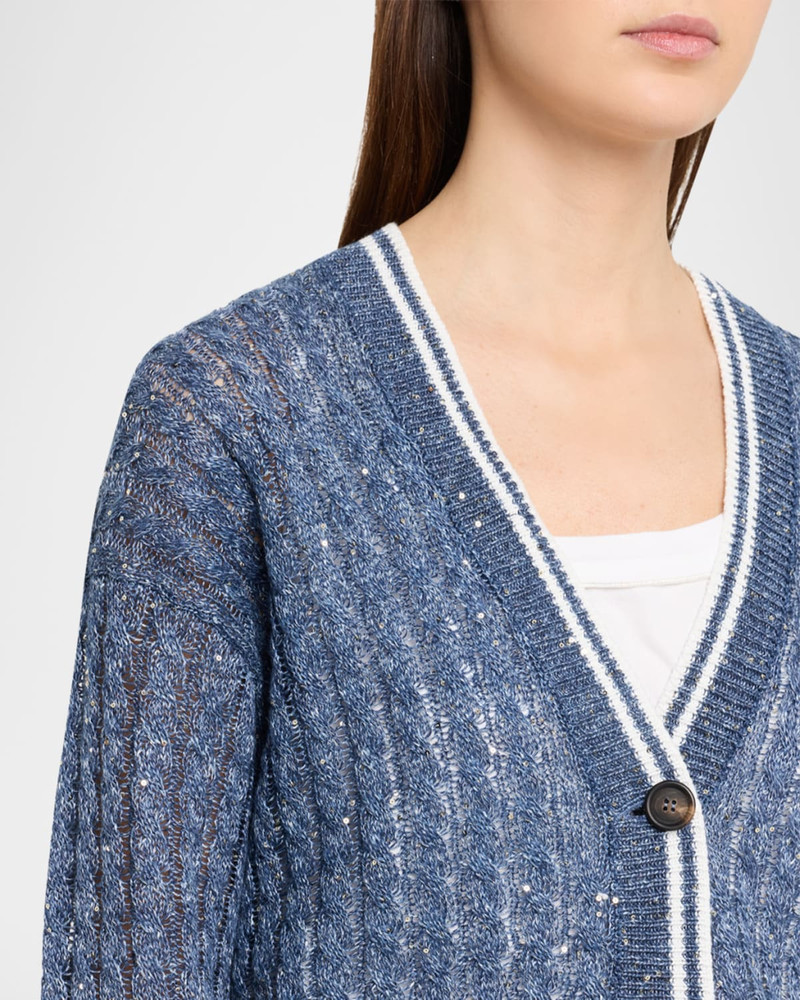 Linen Dazzling Cable Open-Knit V-Neck Cardigan 5