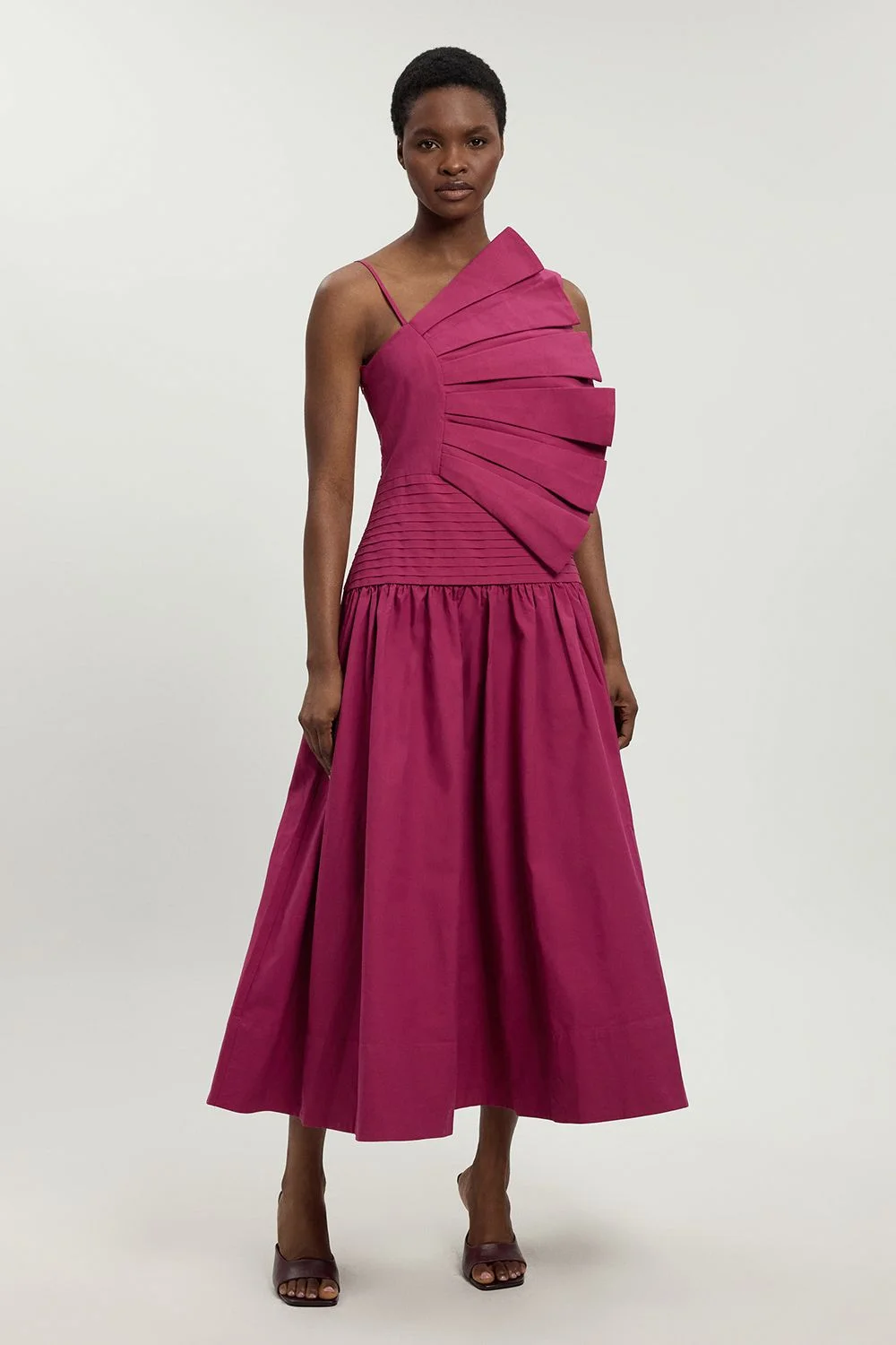Petite Cotton Poplin 3D Pleat Detail Woven Midi Dress - 1