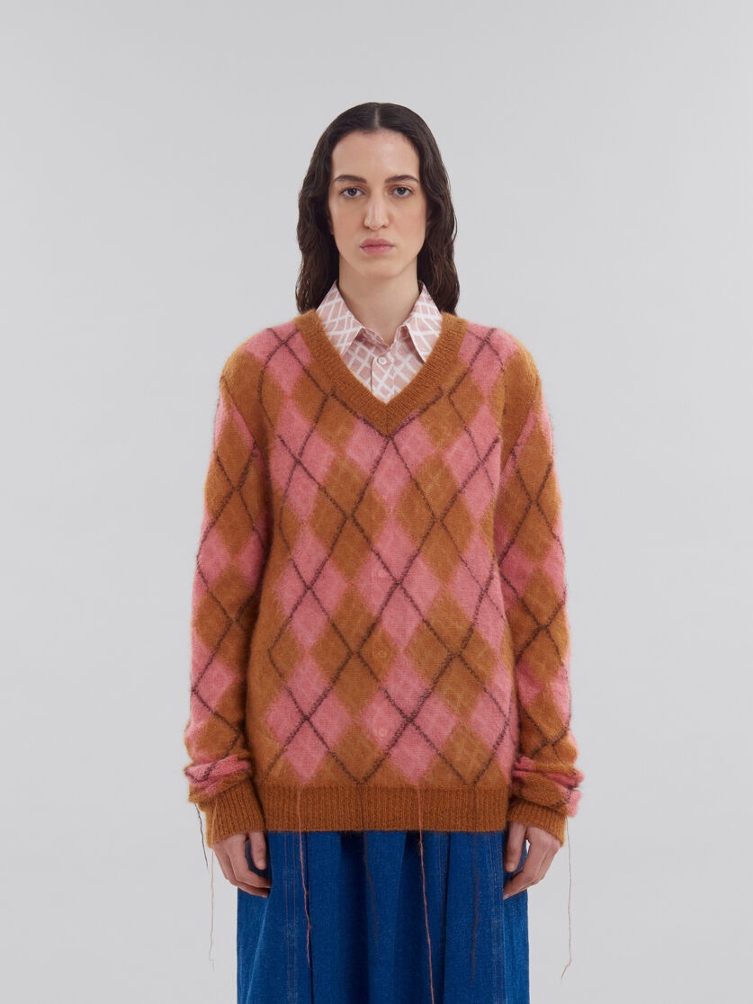 ORANGE MOHAIR ARGYLE JUMPER WITH FLOATING THREADS - 2