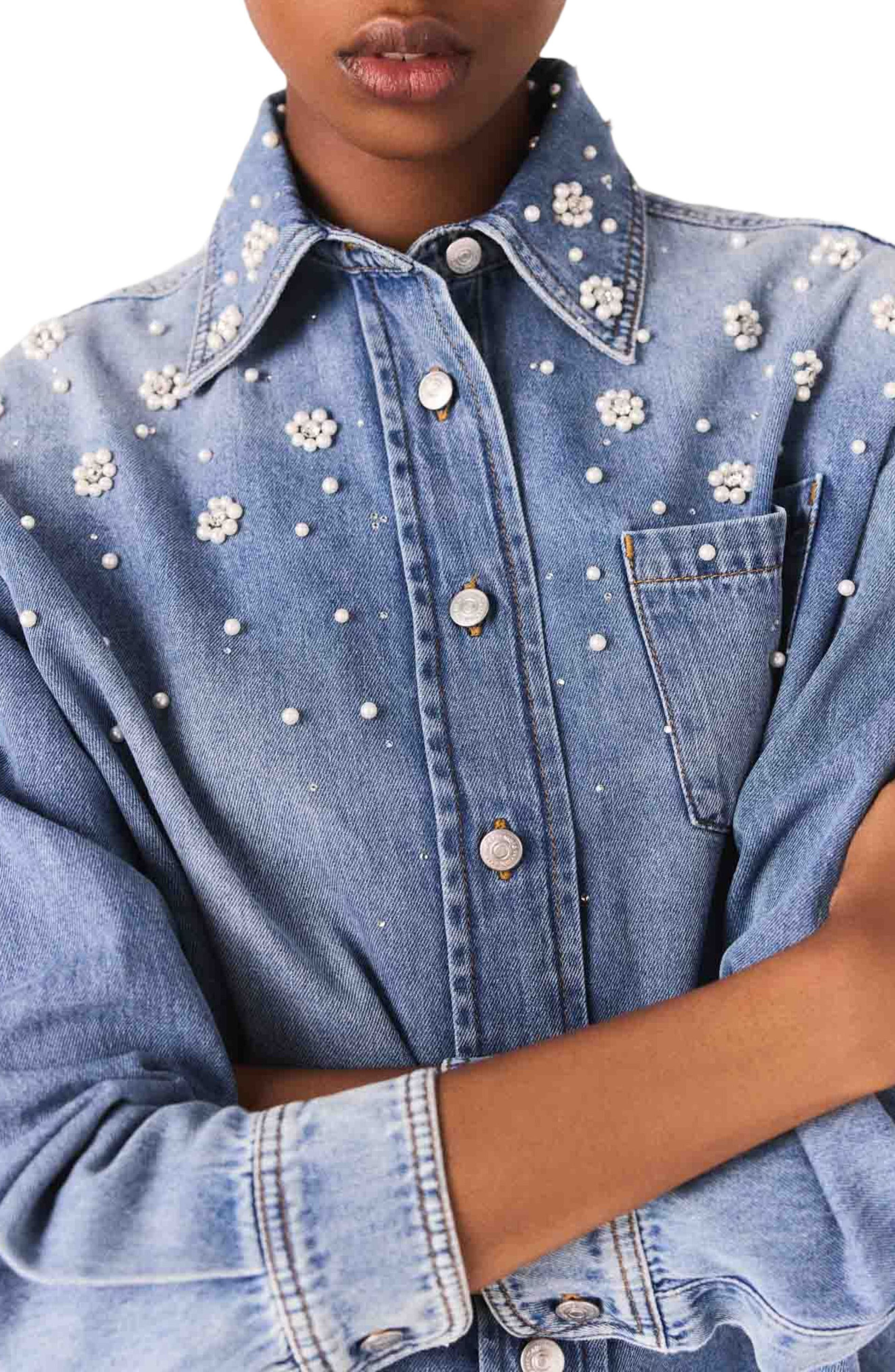 maje Denim shirt with embroidered beads in Blue at Nordstrom - 6