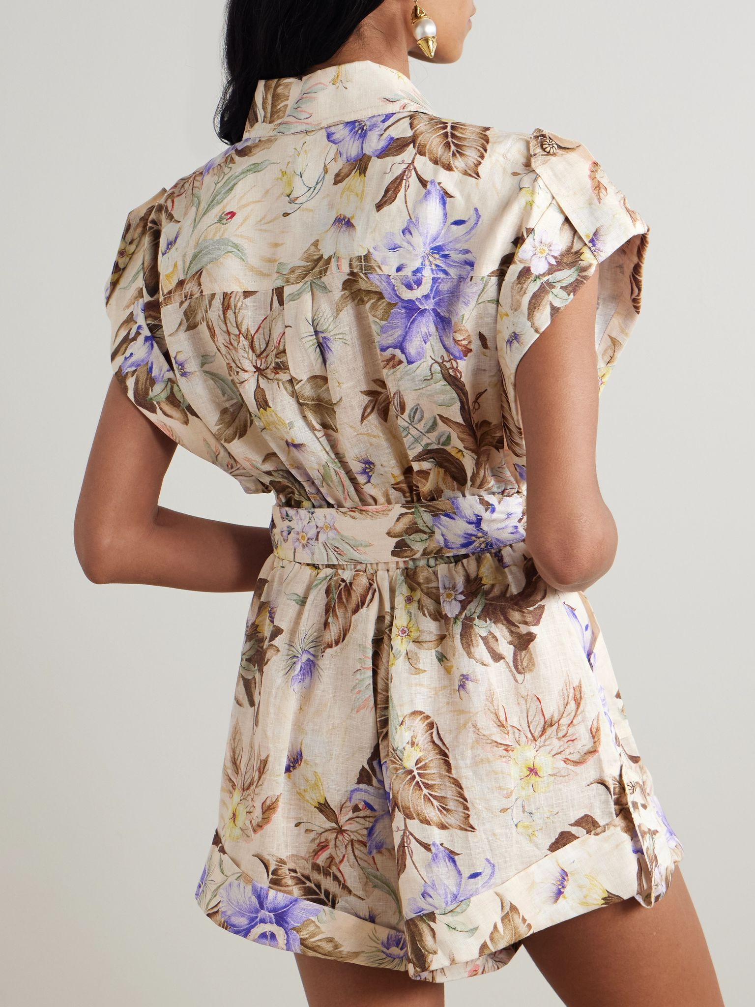 Coco belted printed linen playsuit Beige - 3