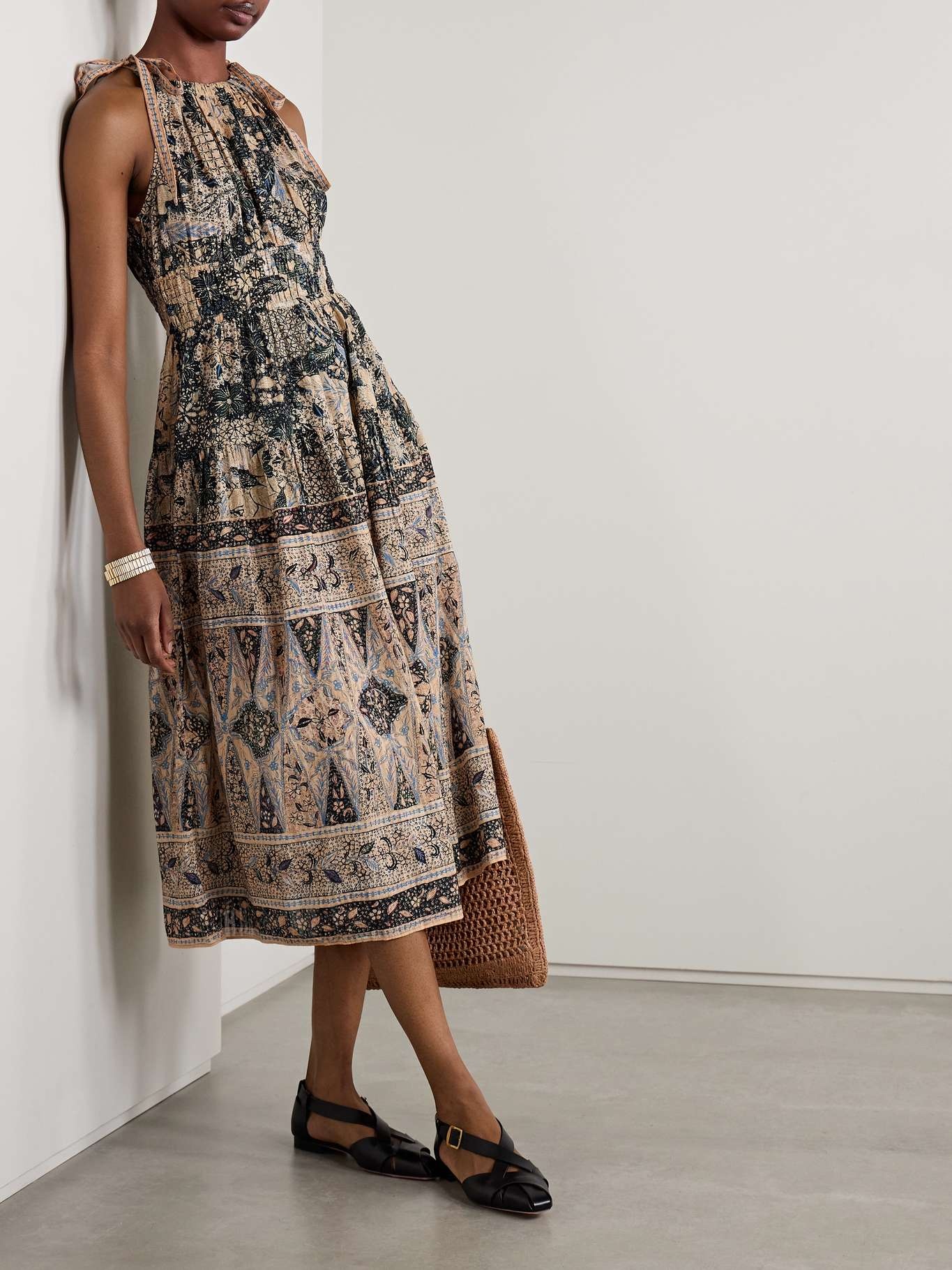 Essie smocked tiered printed cotton-blend voile midi dress Brown - 2