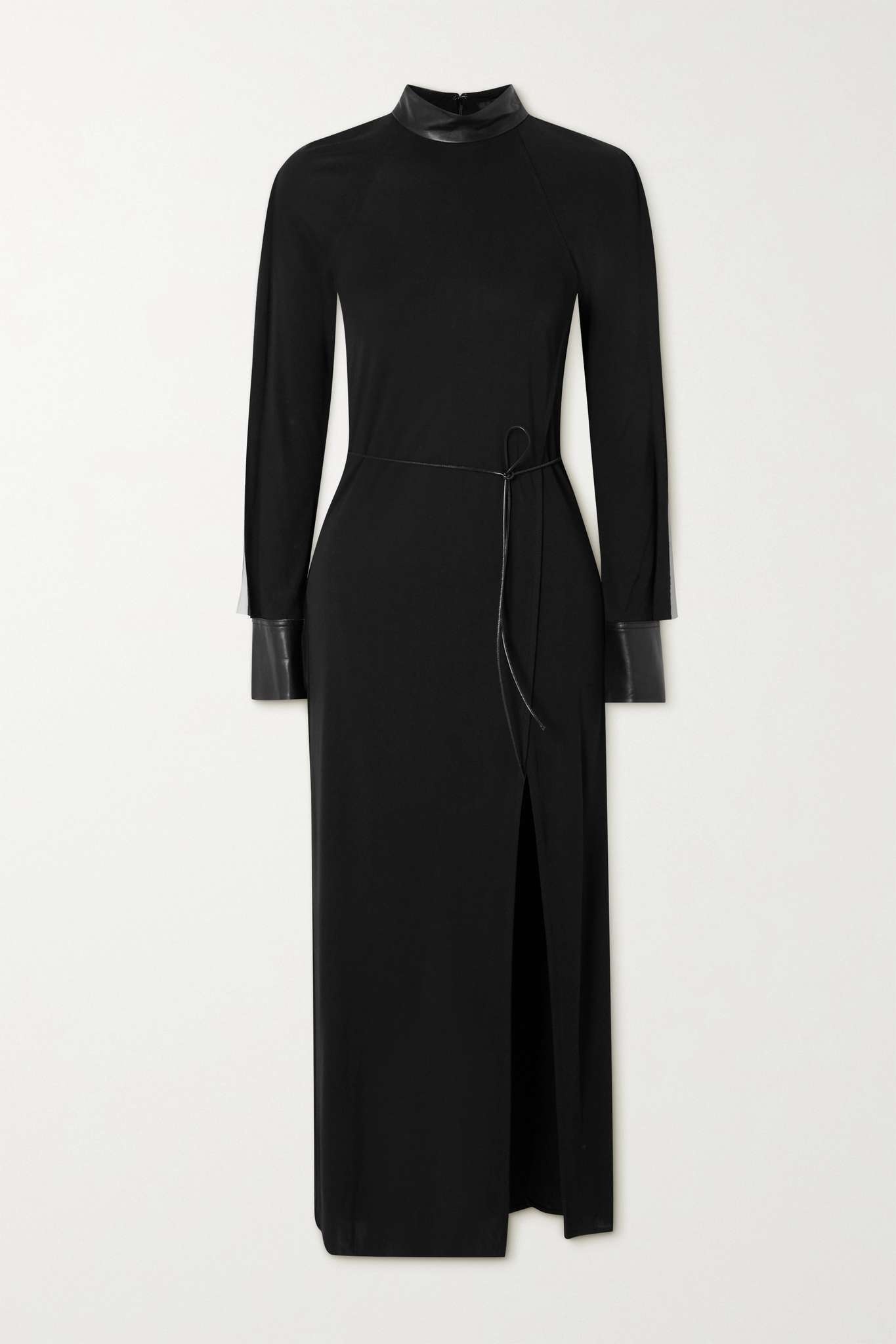 Belted faux leather-trimmed stretch-crepe turtleneck maxi dress - 1