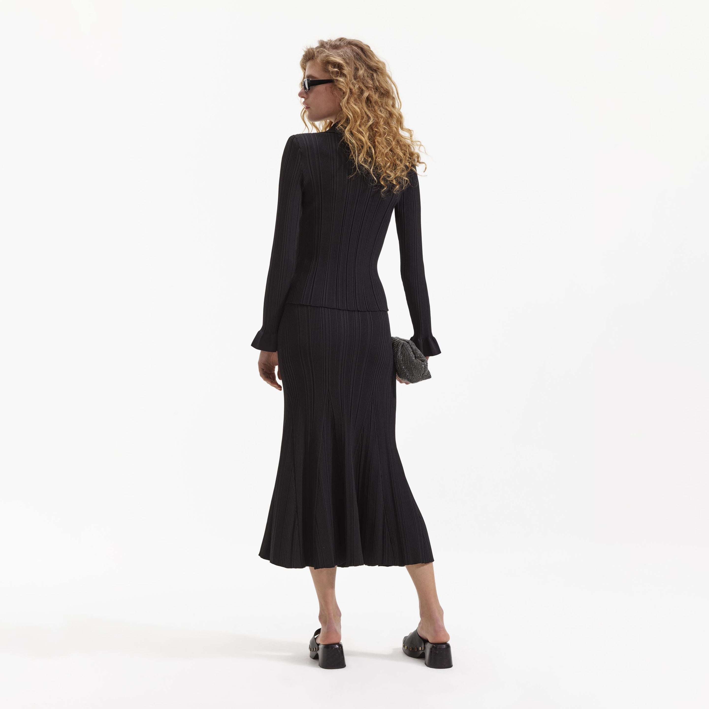 Black Ribbed Viscose Knit Skirt - 3