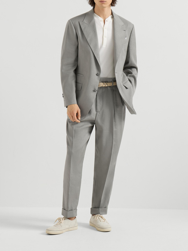Men's Linen, Virgin Wool and Mohair Gabardine Trousers with Double Pleats - Khaki 6