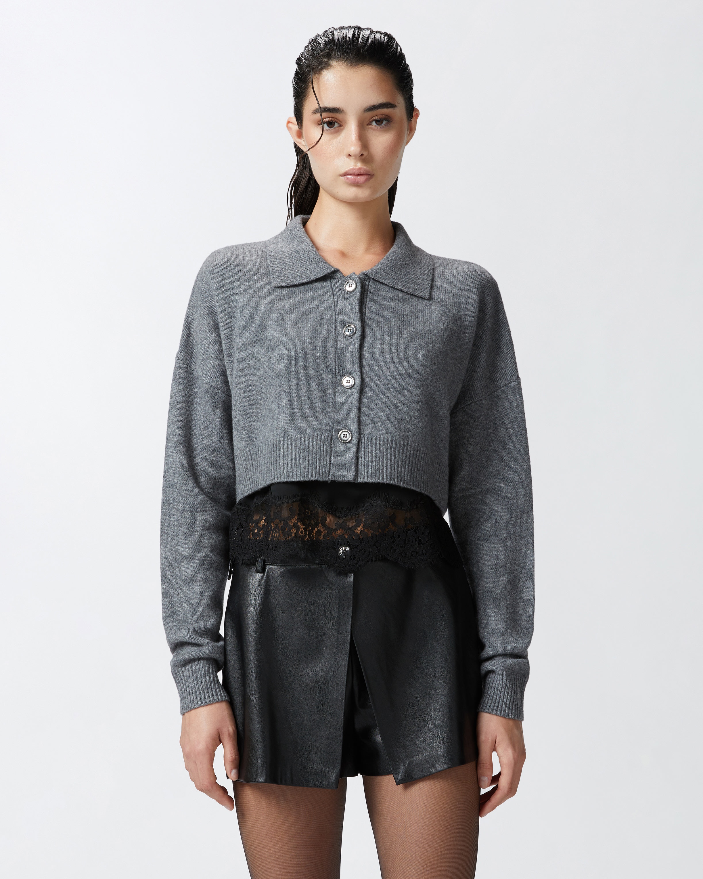 CASHMERE-BLEND CARDIGAN WITH SATIN AND LACE TOP - 4