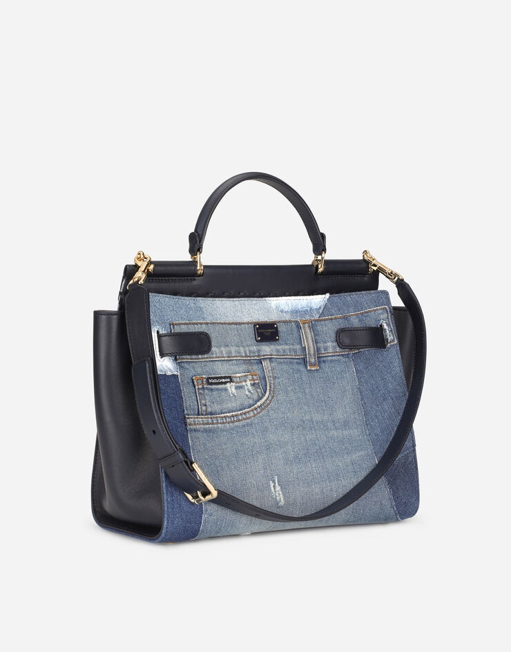 Large Sicily 62 soft bag in patchwork denim and calfskin - 3