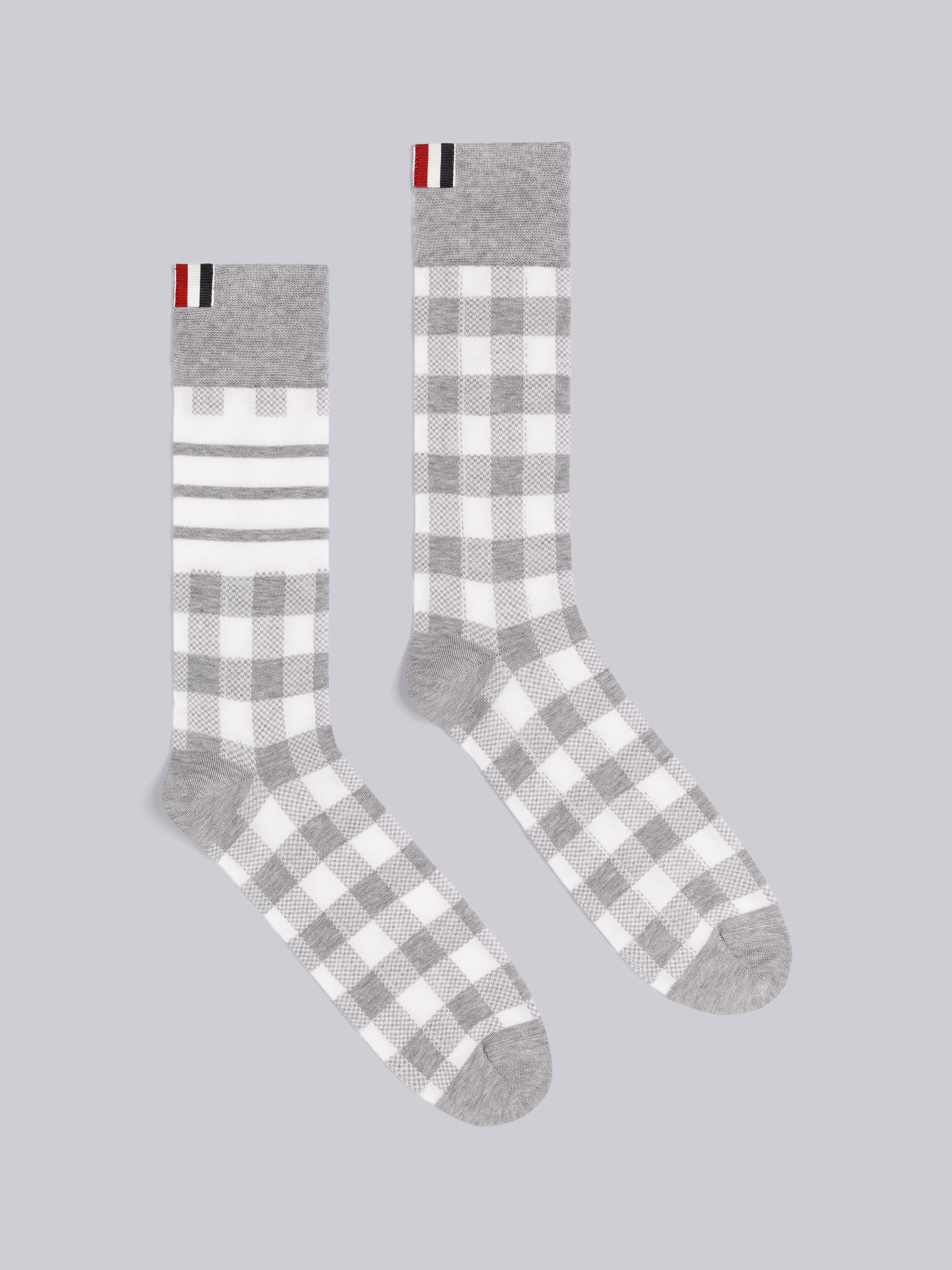 Light Grey Mercerized Cotton Gingham Jacquard Mid-calf Socks - 1