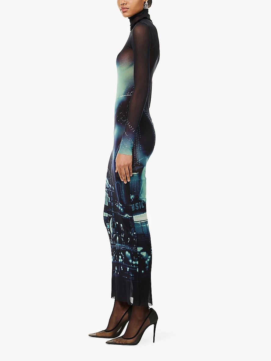 Graphic-print turtleneck mesh maxi dress - 3