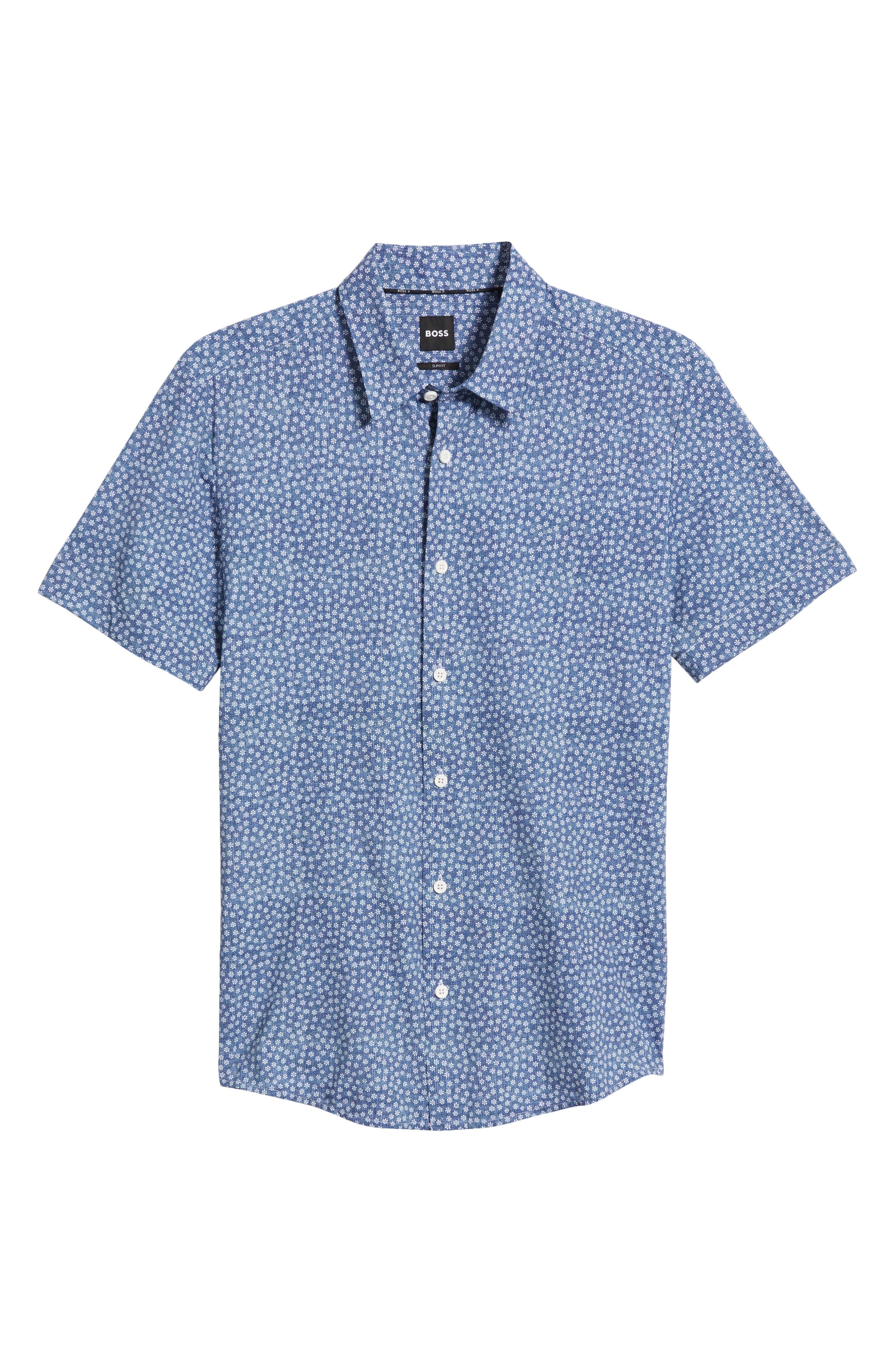 BOSS Roan Ken Short Sleeve Button-Up Shirt in Dark Blue at Nordstrom - 6