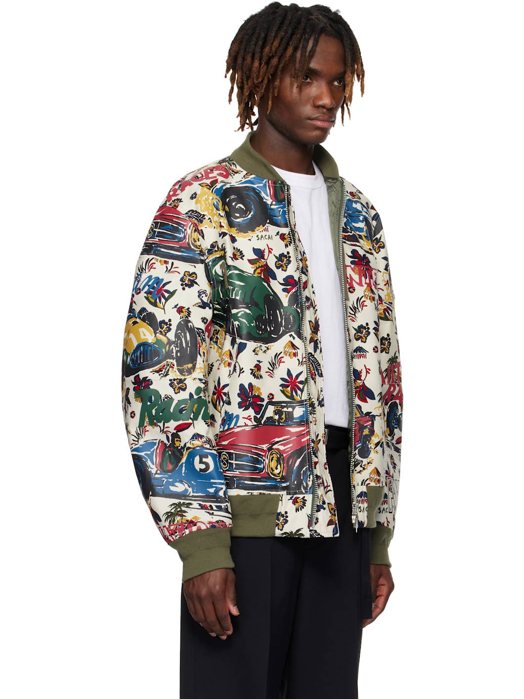 Multicolor Car Race Tropical Print Bomber Jacket - 2