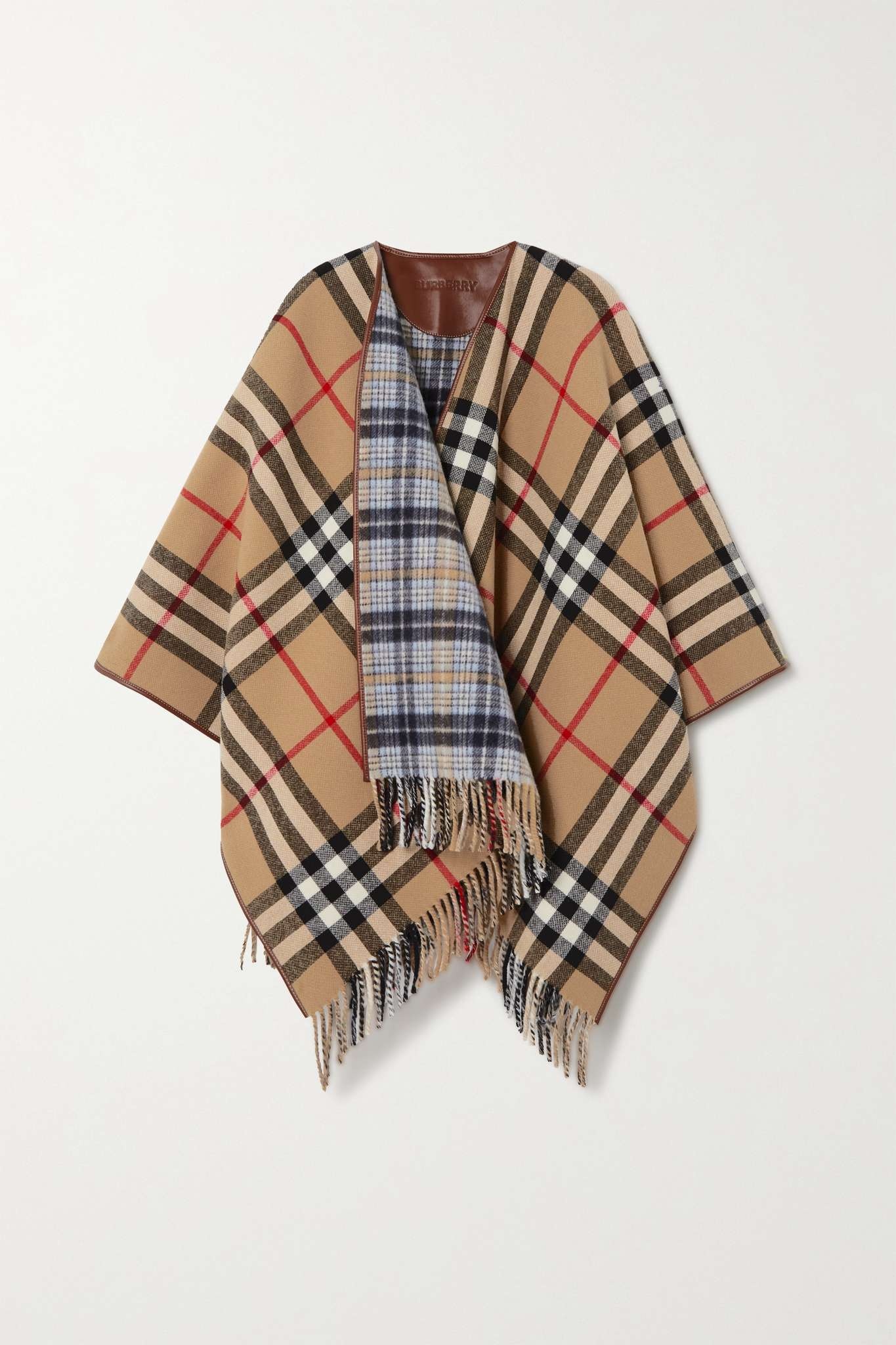 Leather-trimmed fringed checked wool wrap - 1