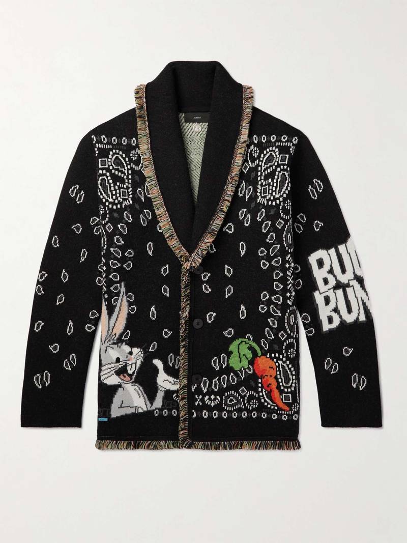 + Looney Tunes Fringed Wool-Jacquard Cardigan 1