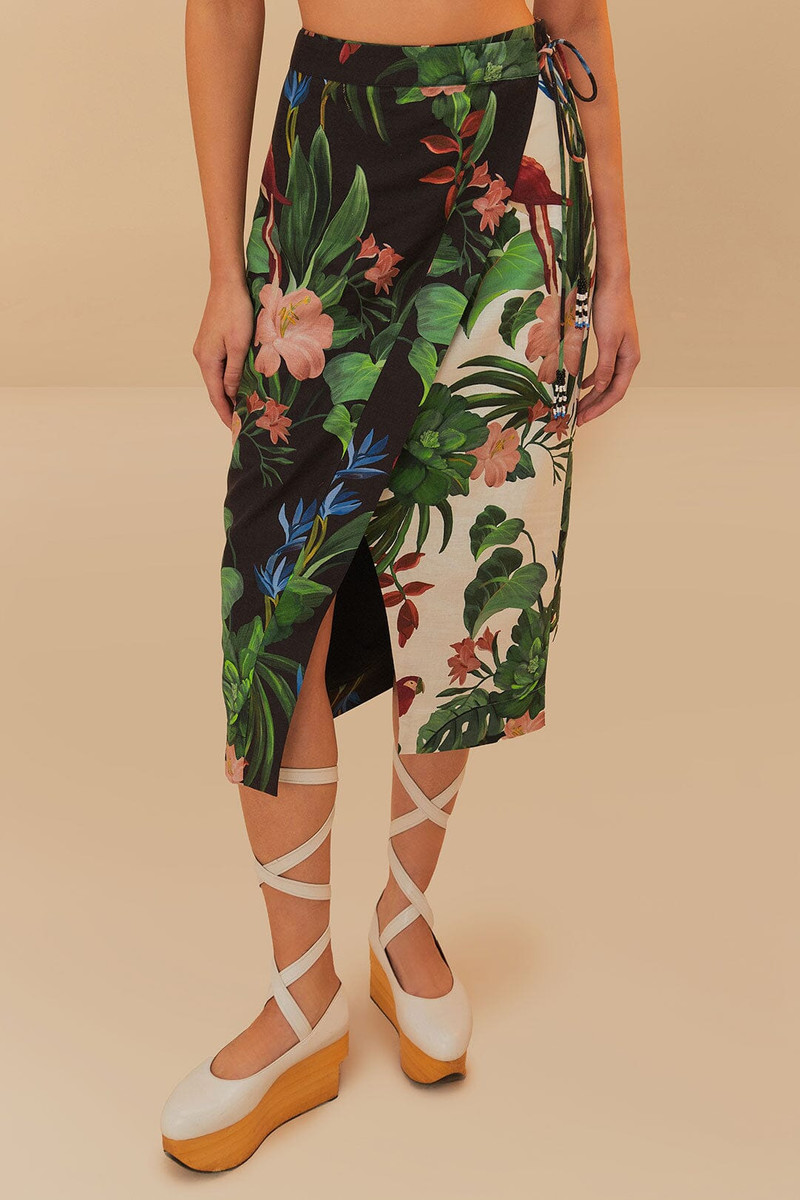 FARM RIO Mixed Midnight Macaw Fiesta Lenzing™ Ecovero™ Euroflax™ Midi Skirt outlook