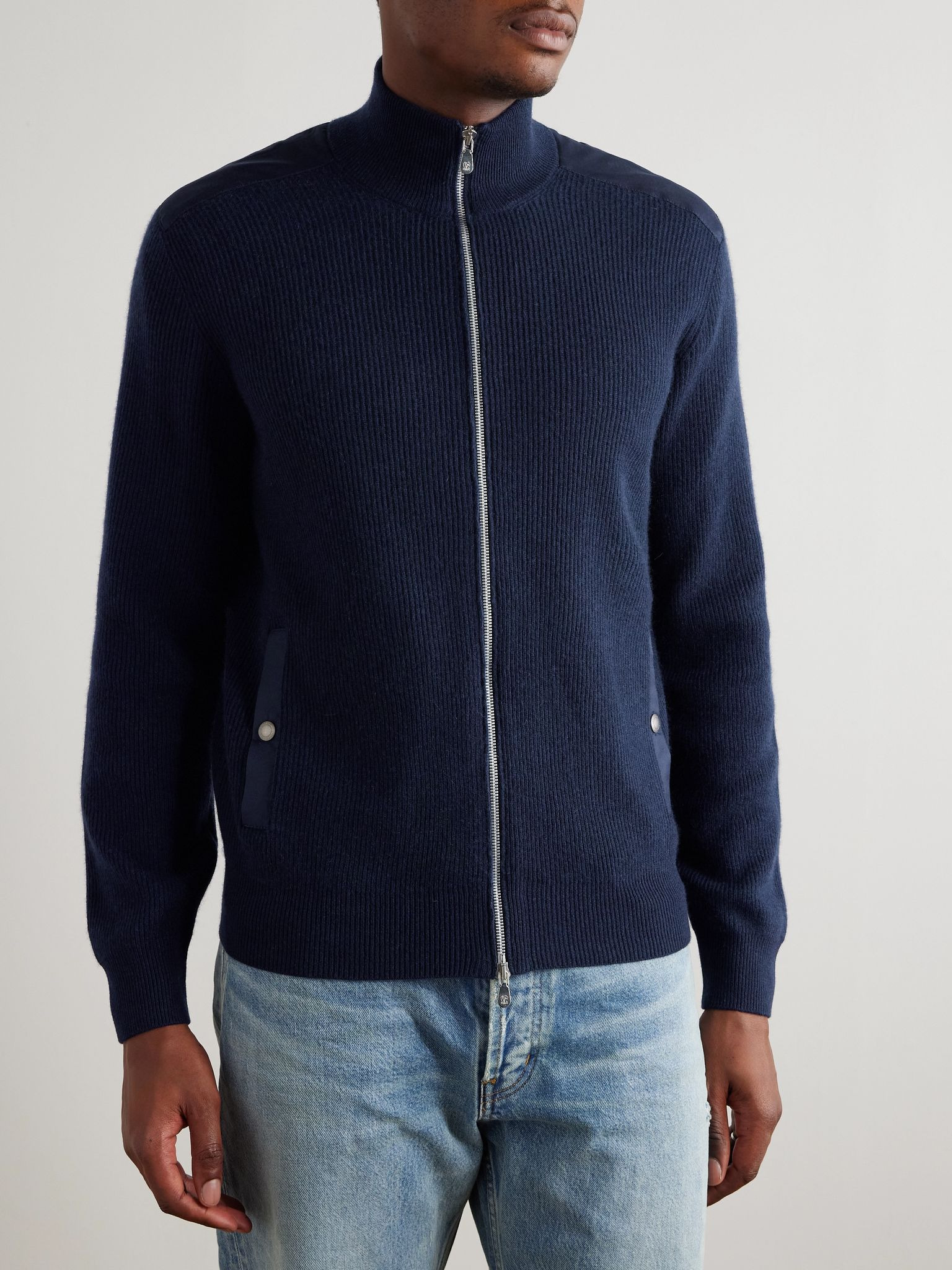 Cotton Twill-Trimmed Ribbed Cashmere Zip-Up Cardigan Navy - 3
