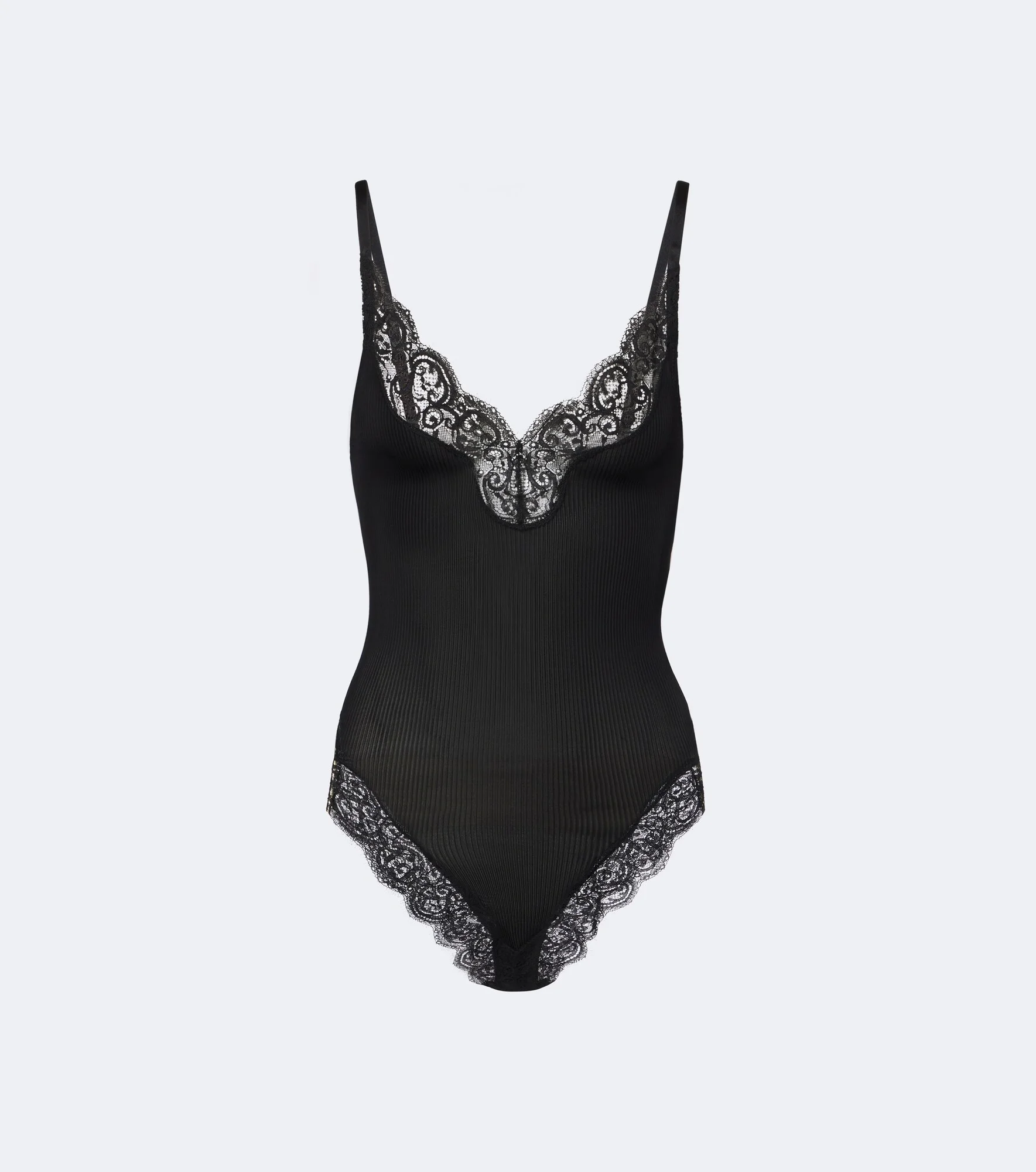Lace-trimmed ribbed-knit silk bodysuit - 1