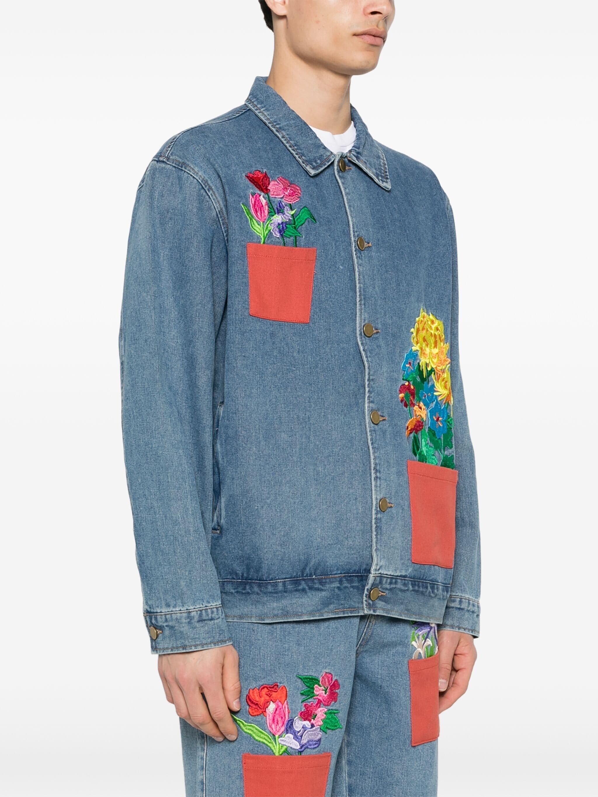 floral-embroidered denim jacket - 3