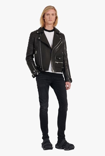 Black quilted leather biker jacket - 2