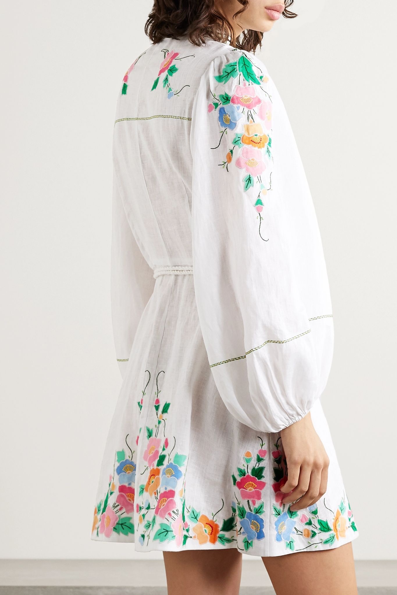 Fiesta belted embroidered linen mini dress - 4