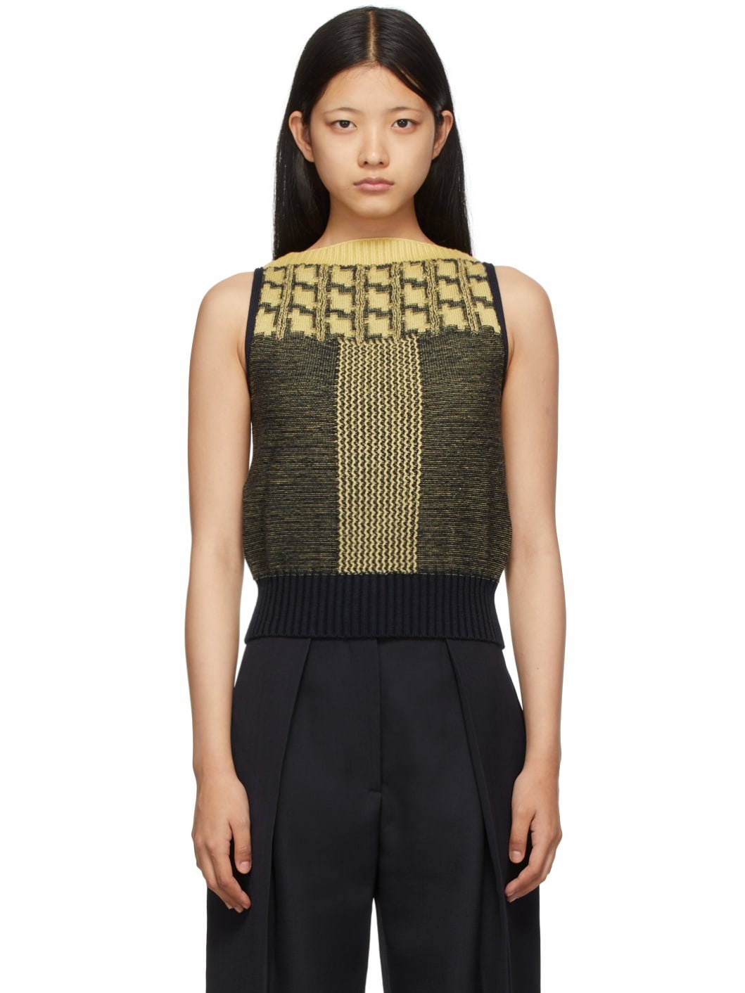 Yellow & Navy Merino Houndstooth Vest - 1