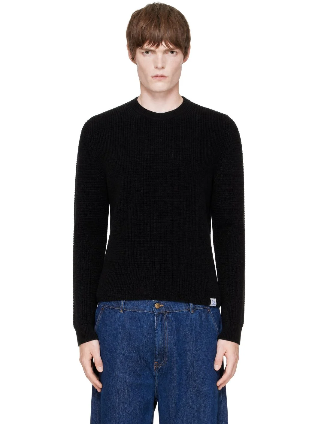 Black Merino Wool-Cashmere Waffle Structure Sweater - 1