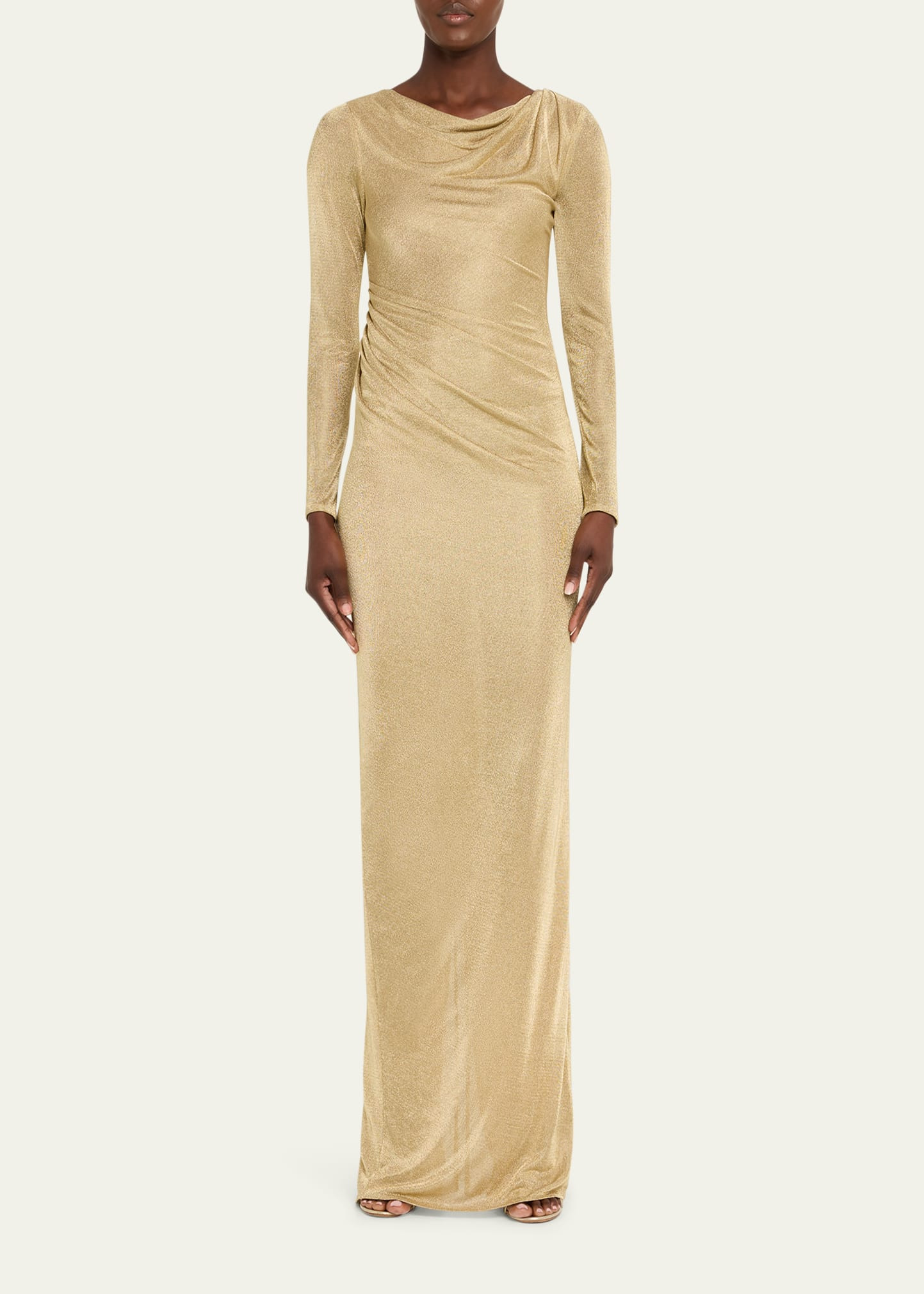Metallic Jersey Cowl-Neck Long-Sleeve Gown - 2