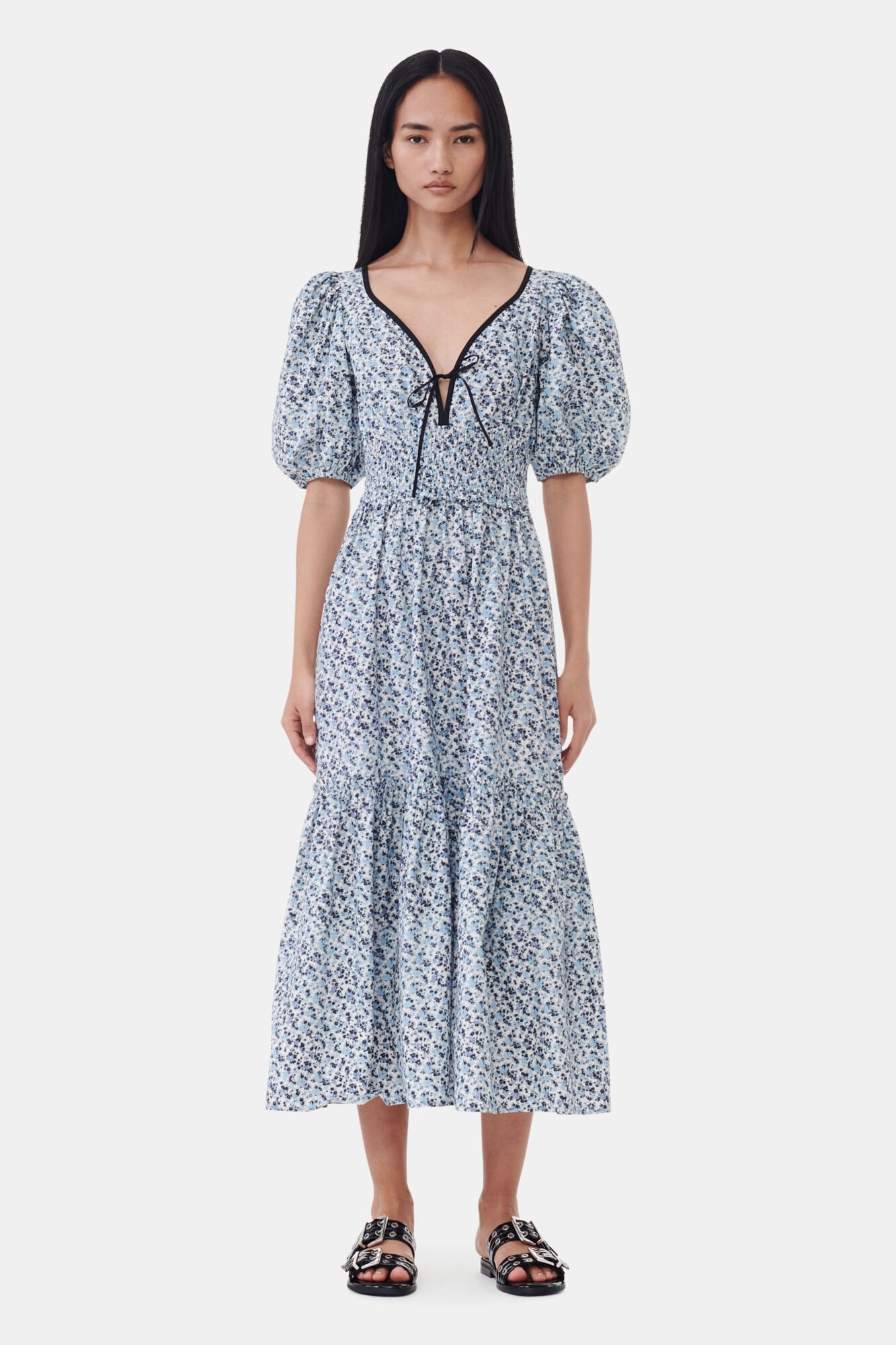 BLUE FLORAL PRINTED COTTON LONG SMOCK DRESS - 2