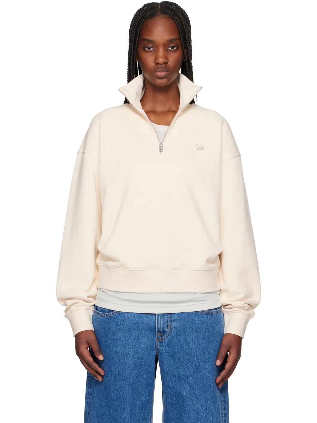 Beige Baby Fox Patch Half Zip Sweatshirt - 1