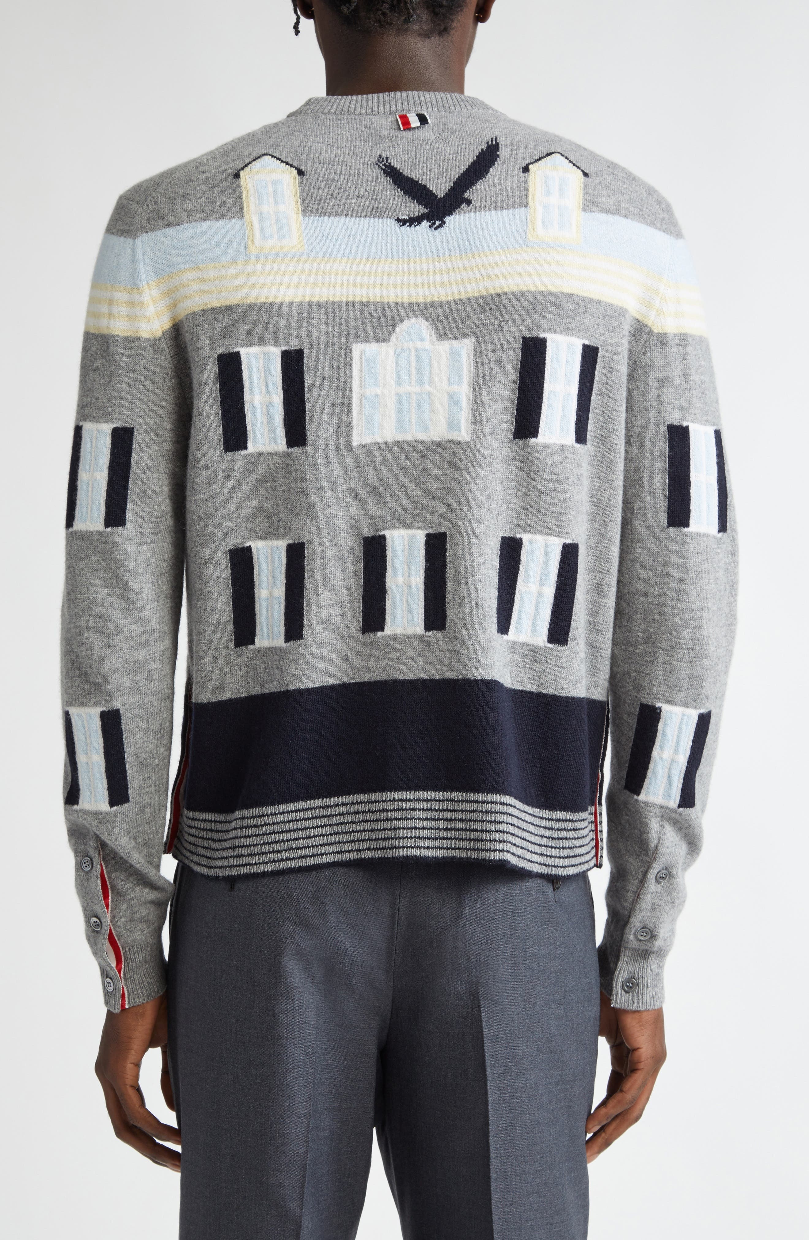 Thom Browne House Intarsia Virgin Wool Sweater in Light Grey at Nordstrom - 3