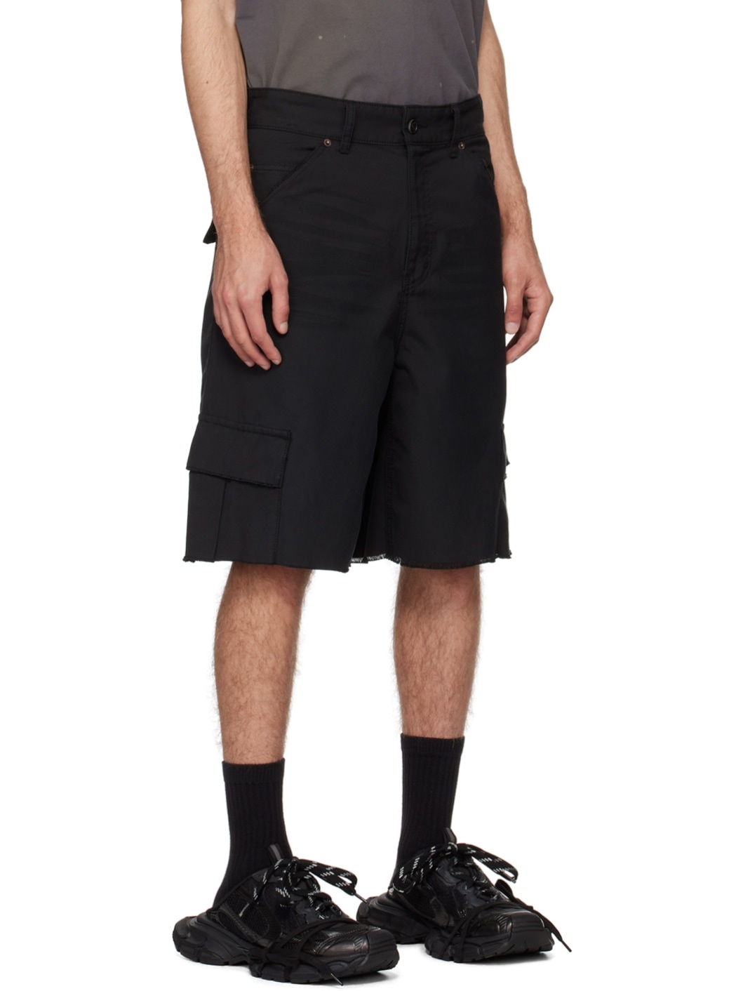 Black Frayed Cargo Shorts - 2