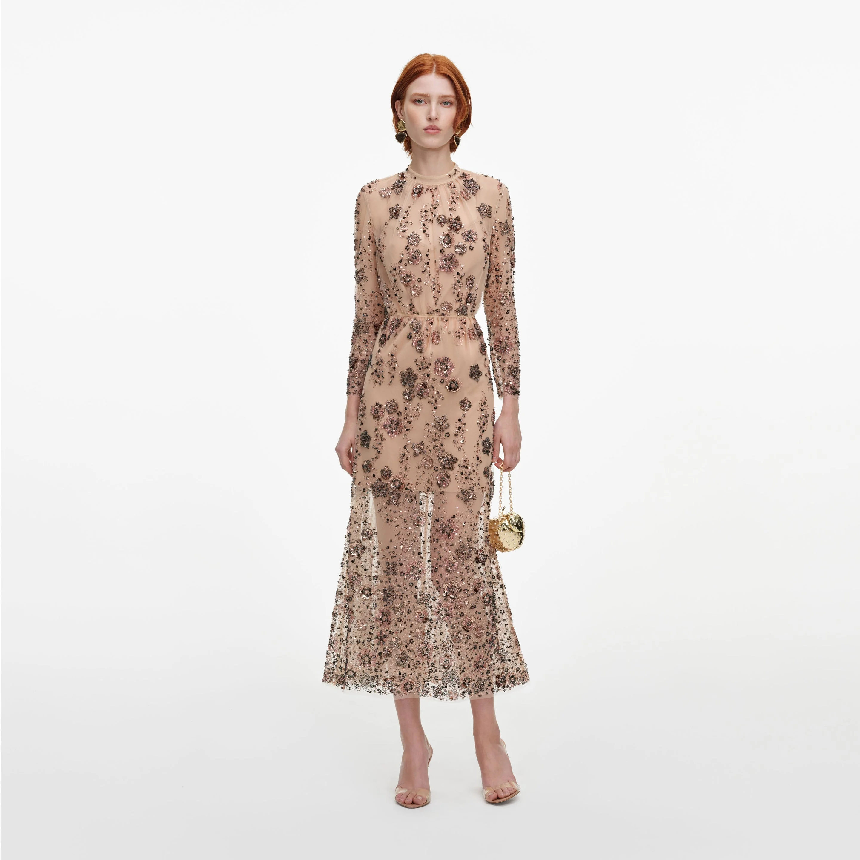 Beige Sequin Embellished Midi Dress - 1