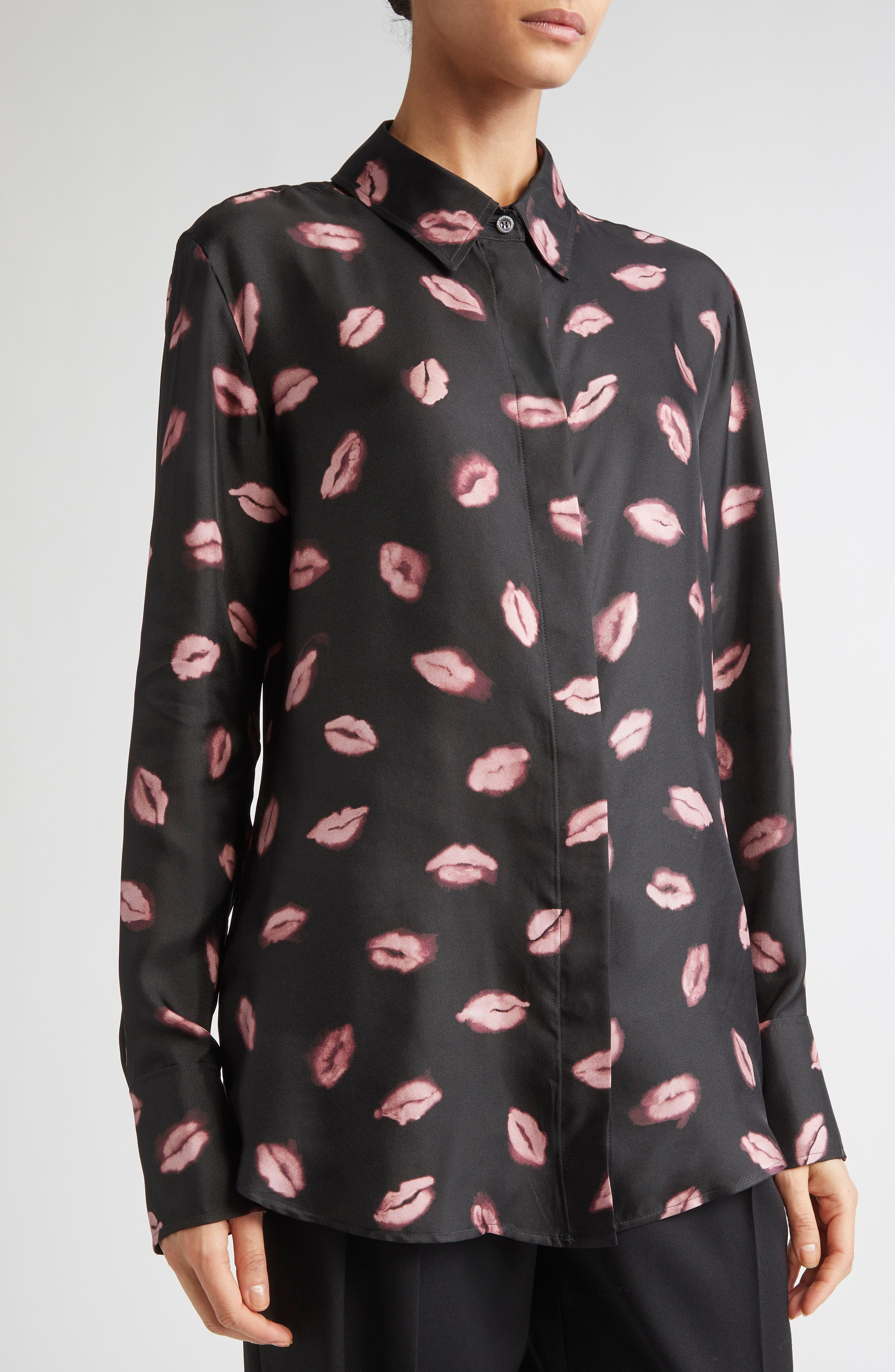 Altuzarra Chika Kisses Print Silk Chiffon Button-Up Shirt in Black Kisses at Nordstrom - 5