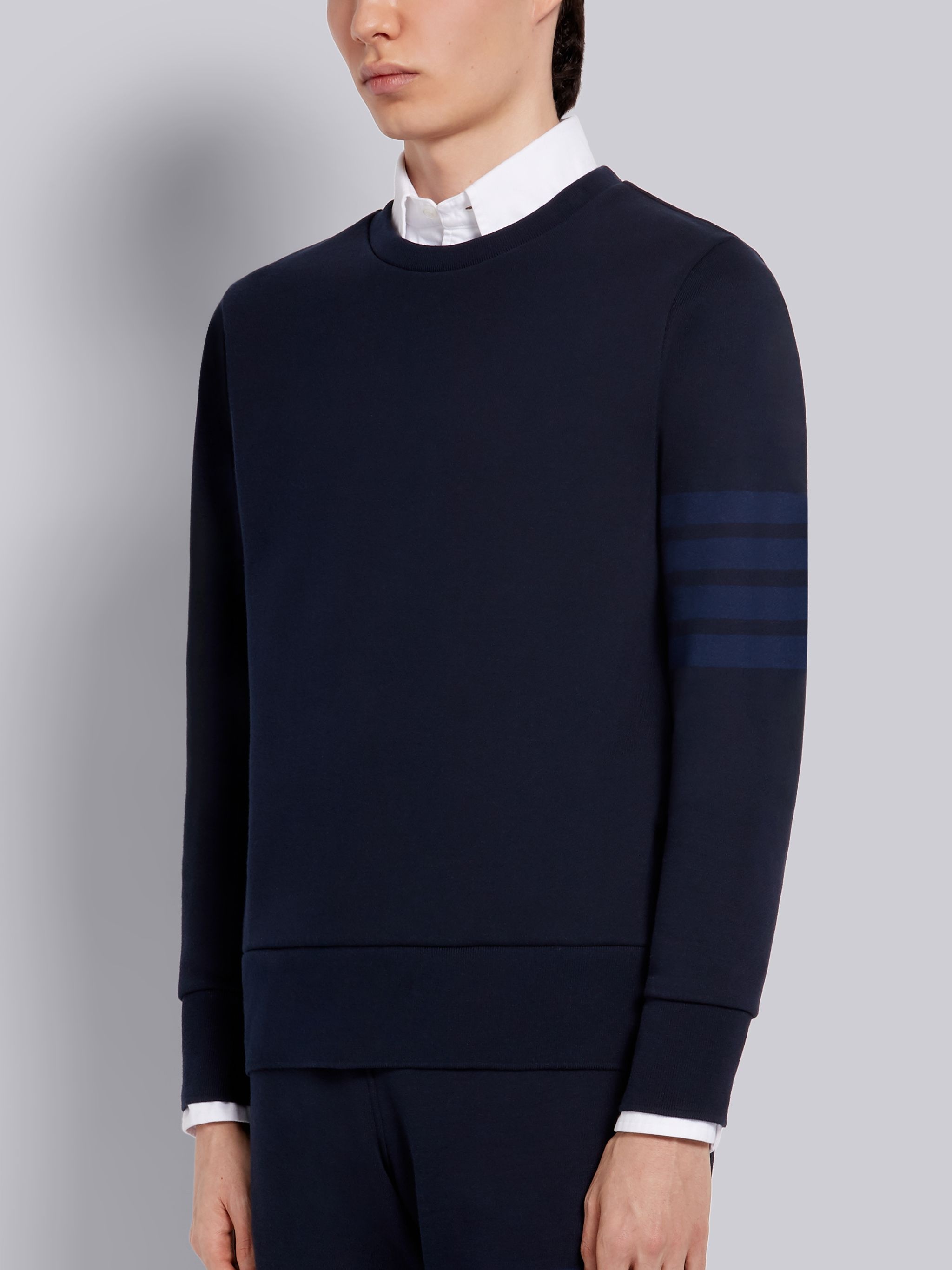 Navy Cotton Loopback Relaxed Fit Tonal 4-Bar Crewneck Sweatshirt - 2