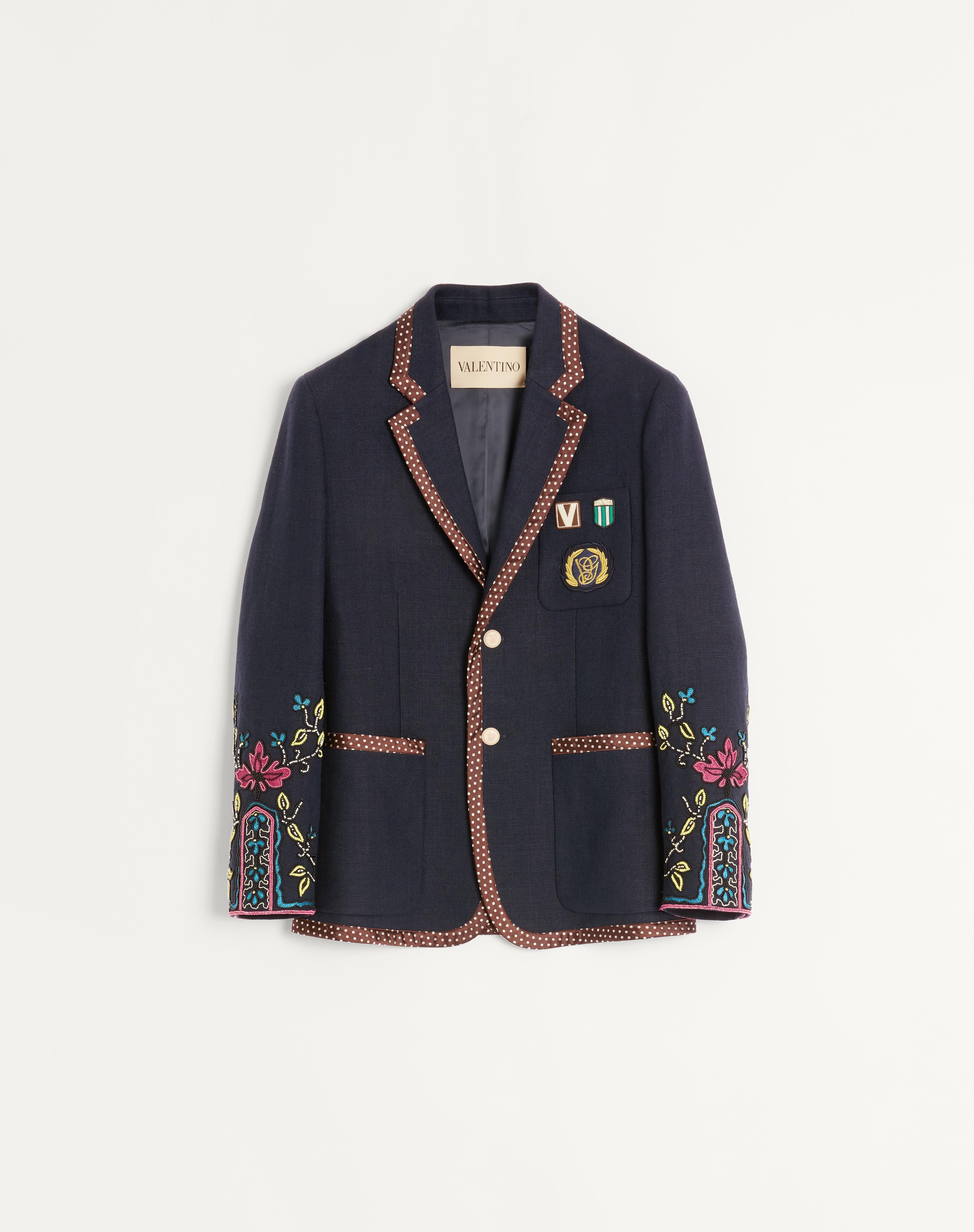 SINGLE-BREASTED LINEN JACKET WITH BEADED EMBROIDERY AND PATCHES - 1