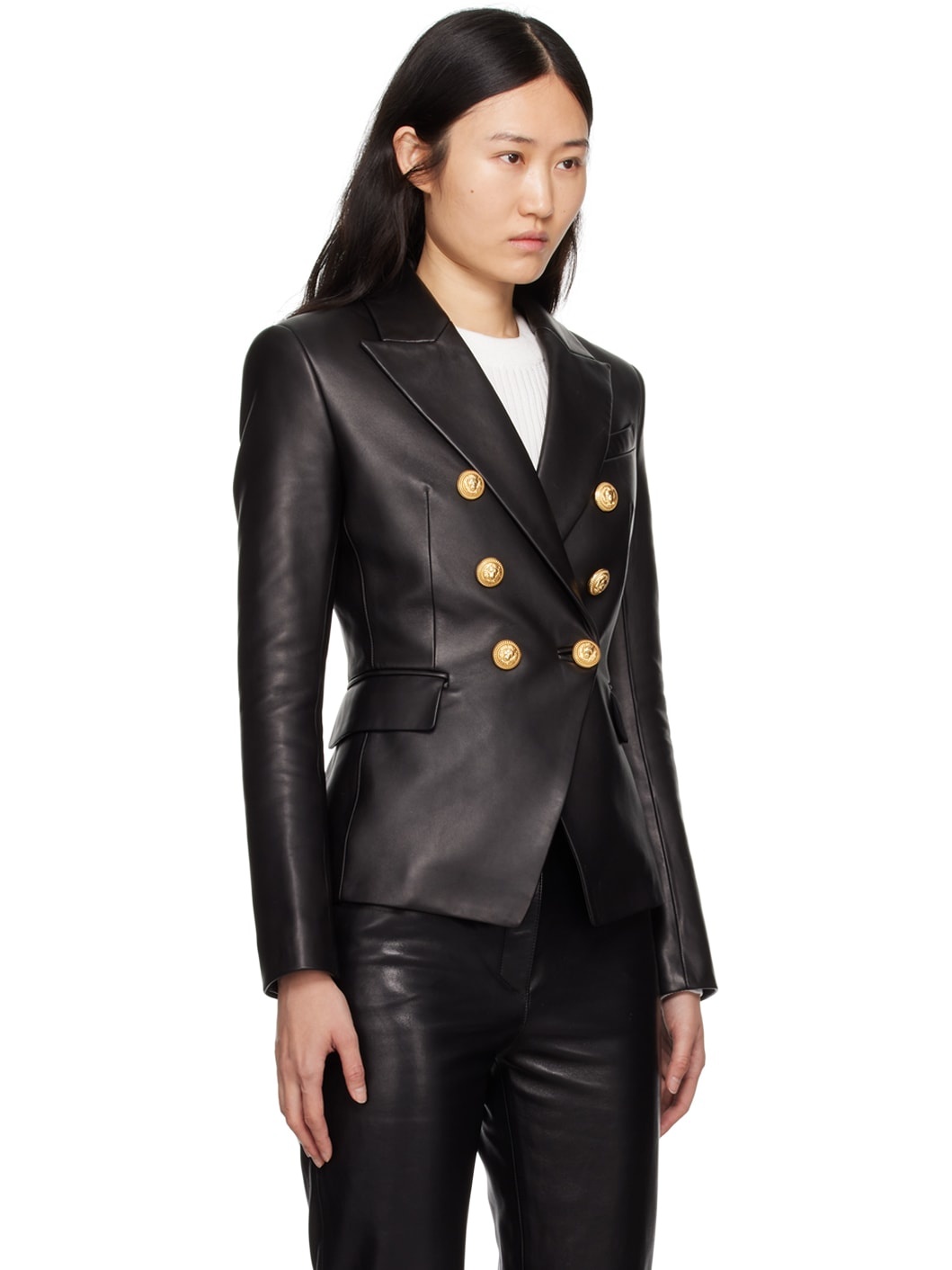【関税込み】Balmain ブラック ノッチドラペルカラー ジャケット Balmain Black 6-Button Leather Jacket | ssense | REVERSIBLE
