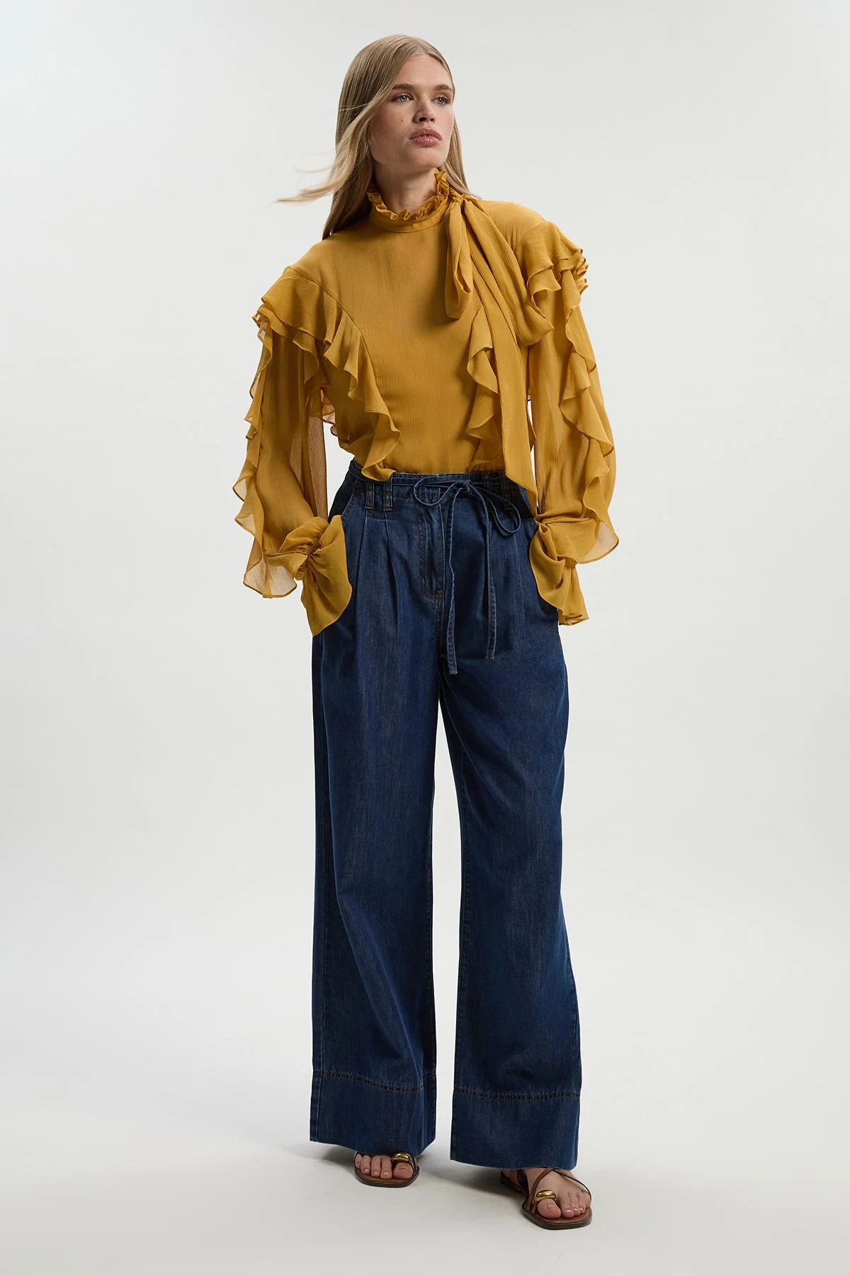 Ruffle Front Crinkle Georgette Pussy Bow Blouse - 1