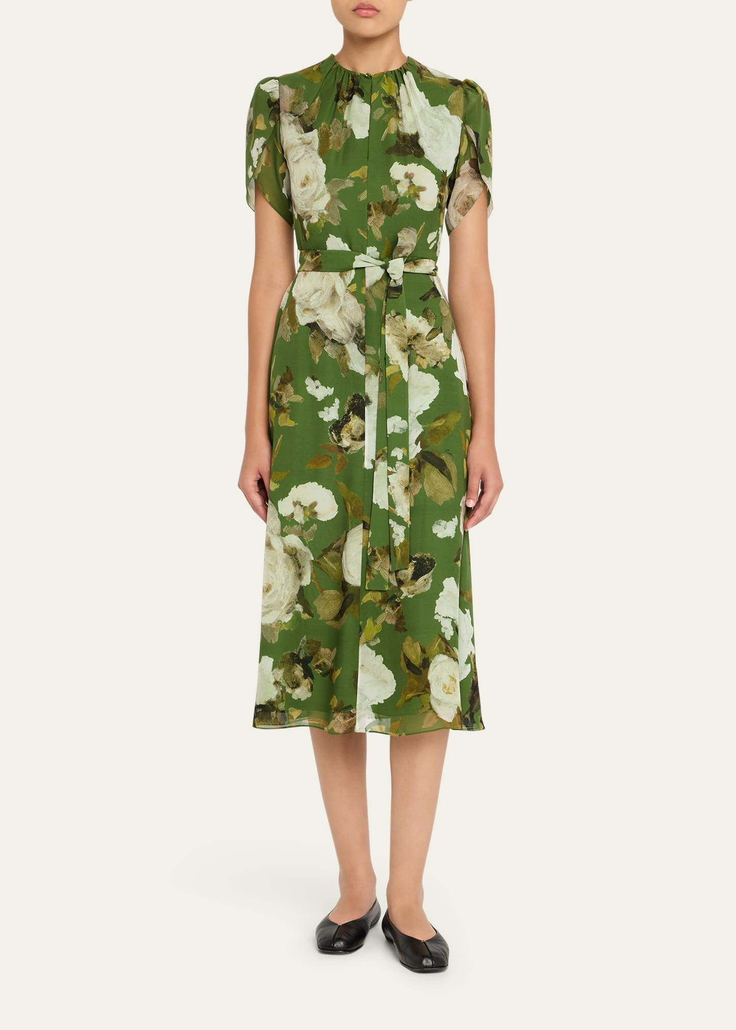 Floral Silk Short-Sleeve Belted Midi Dress - 2