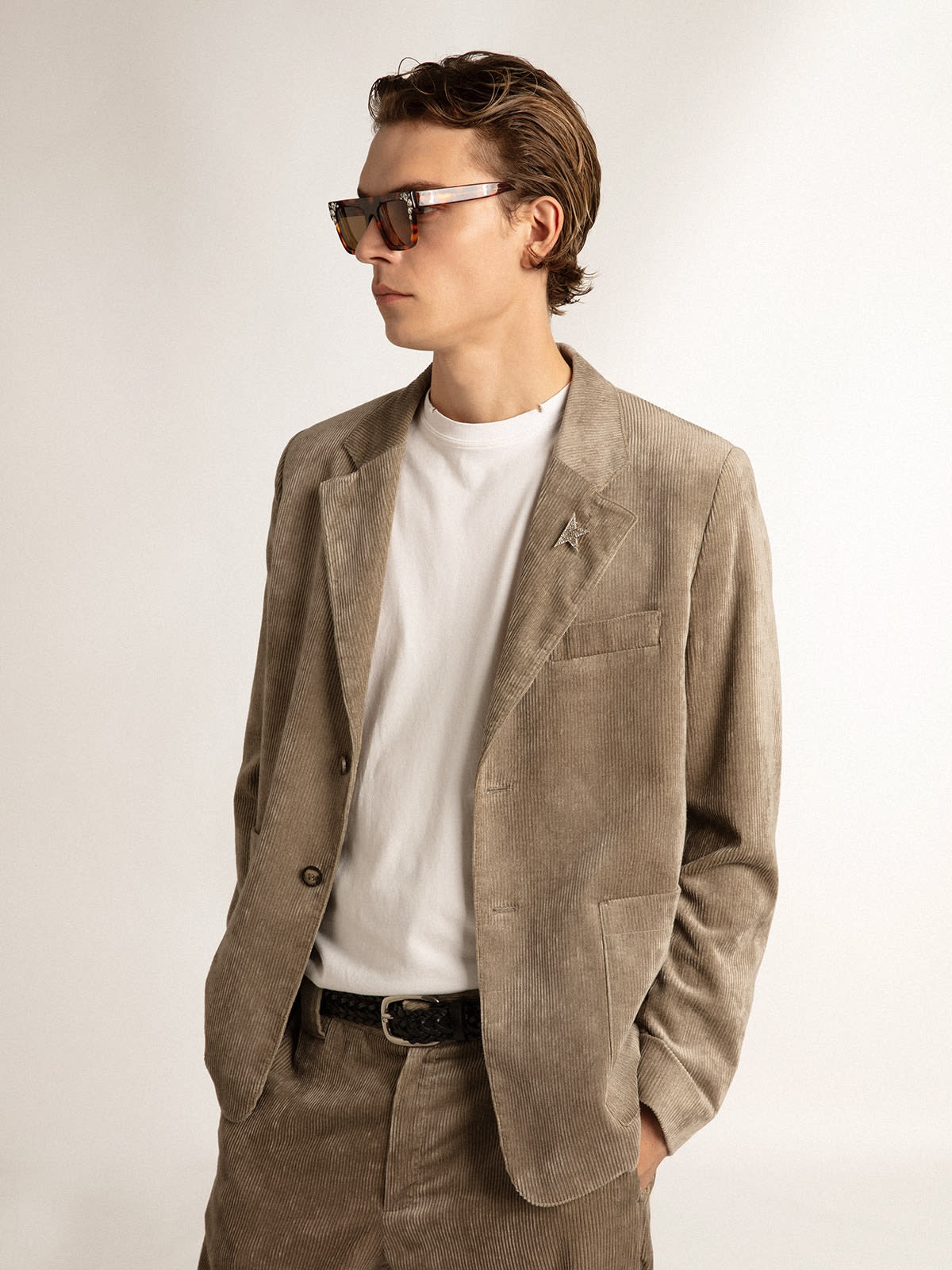 Boxy-fit single-breasted blazer in light beige cotton - 5