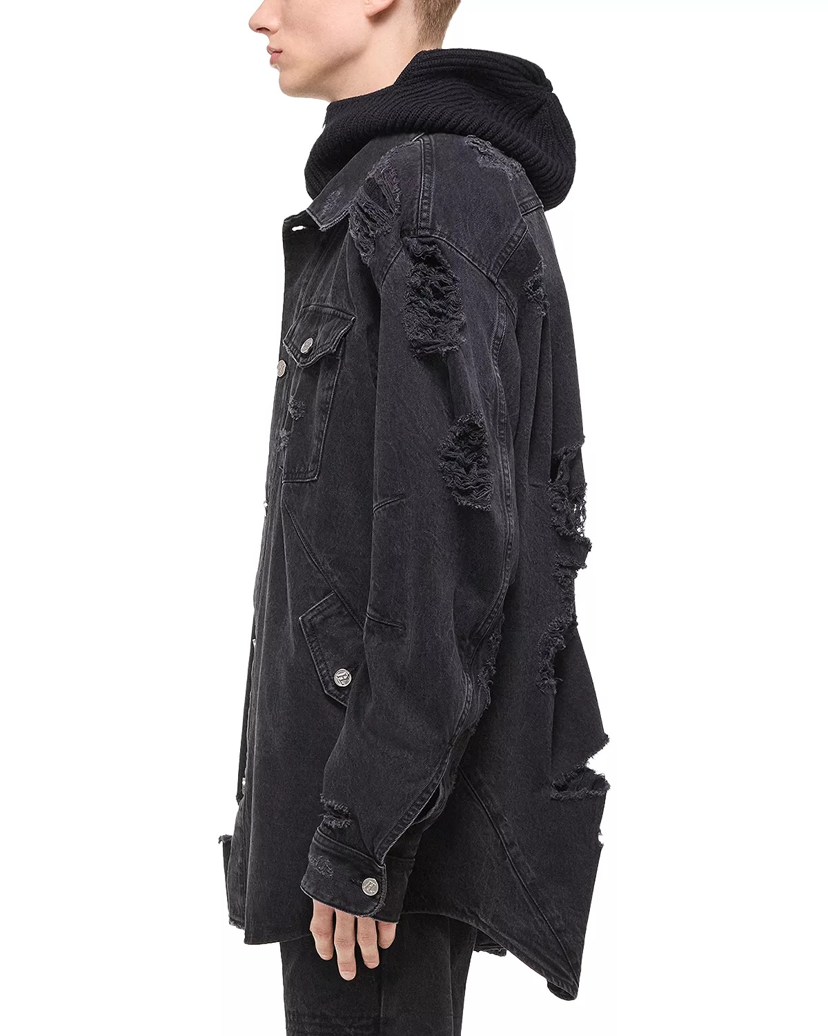 Oversized button-front shirt in washed black denim. Curved seams wrap around the body, emphasizing t - 5