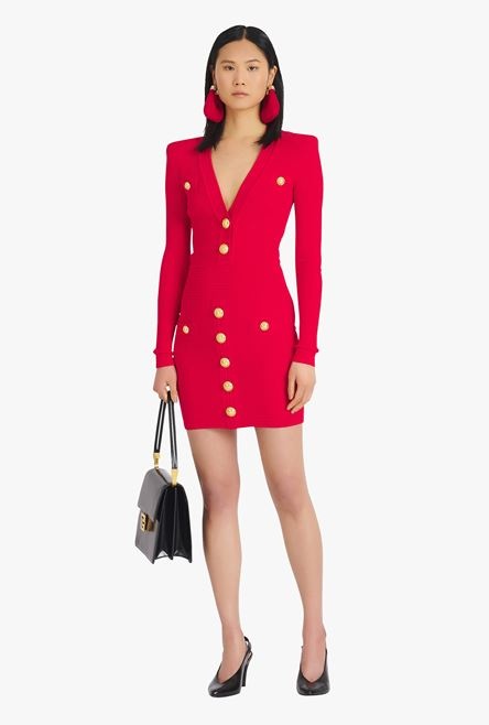 Short red knit dress with gold-tone buttons - 2