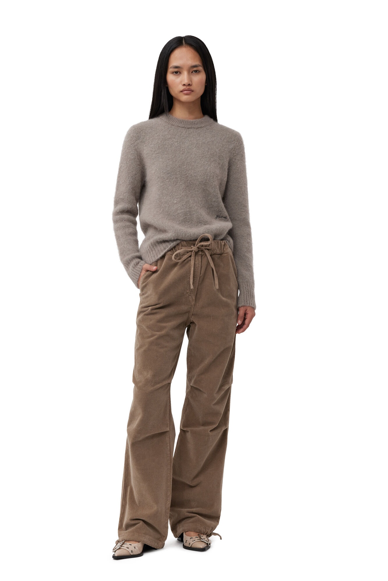 BROWN WASHED CORDUROY DRAWSTRING PANTS - 2