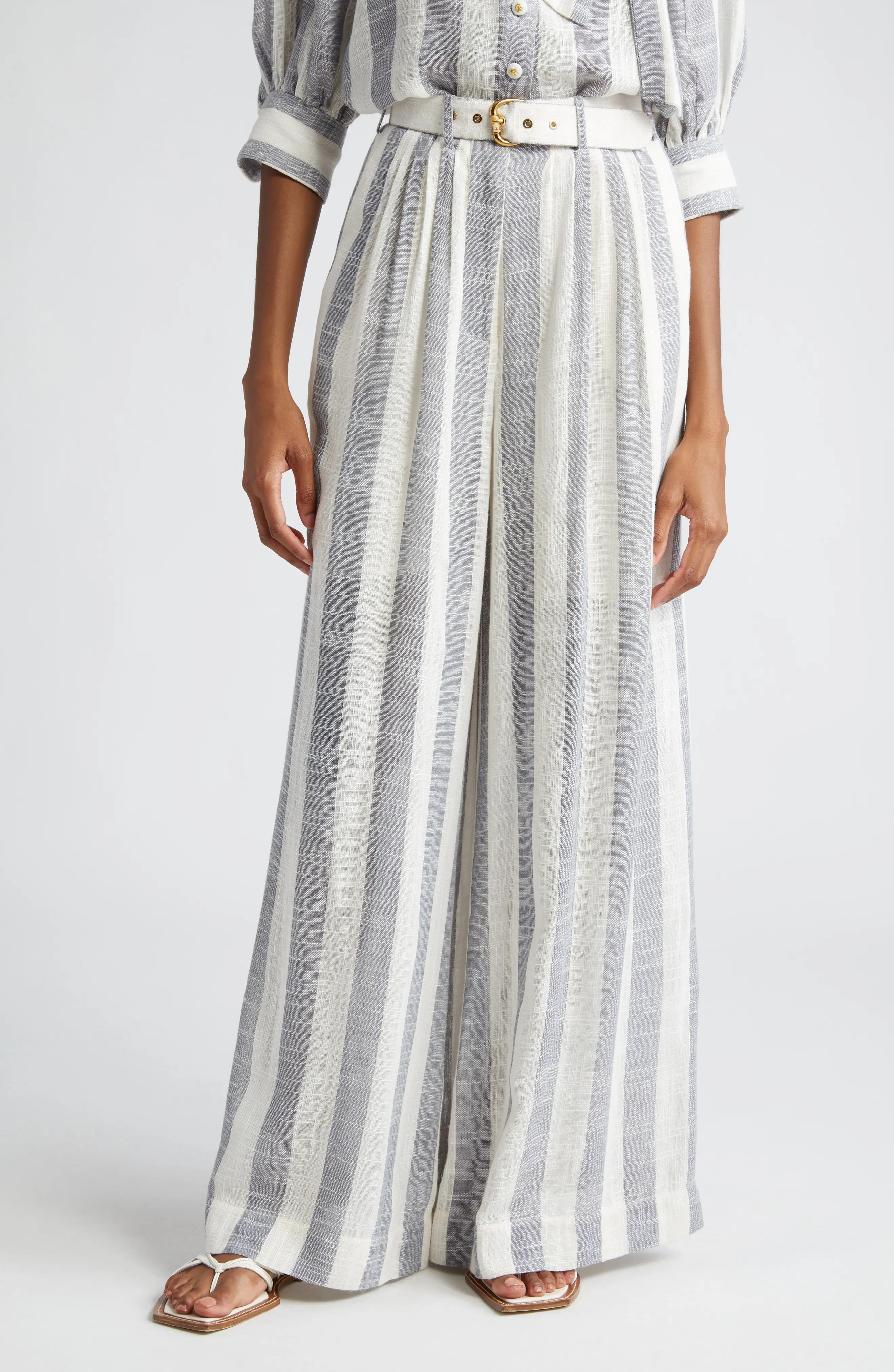 Zimmermann Matchmaker Stripe Belted Pintuck Wide Leg Pants in Blue
