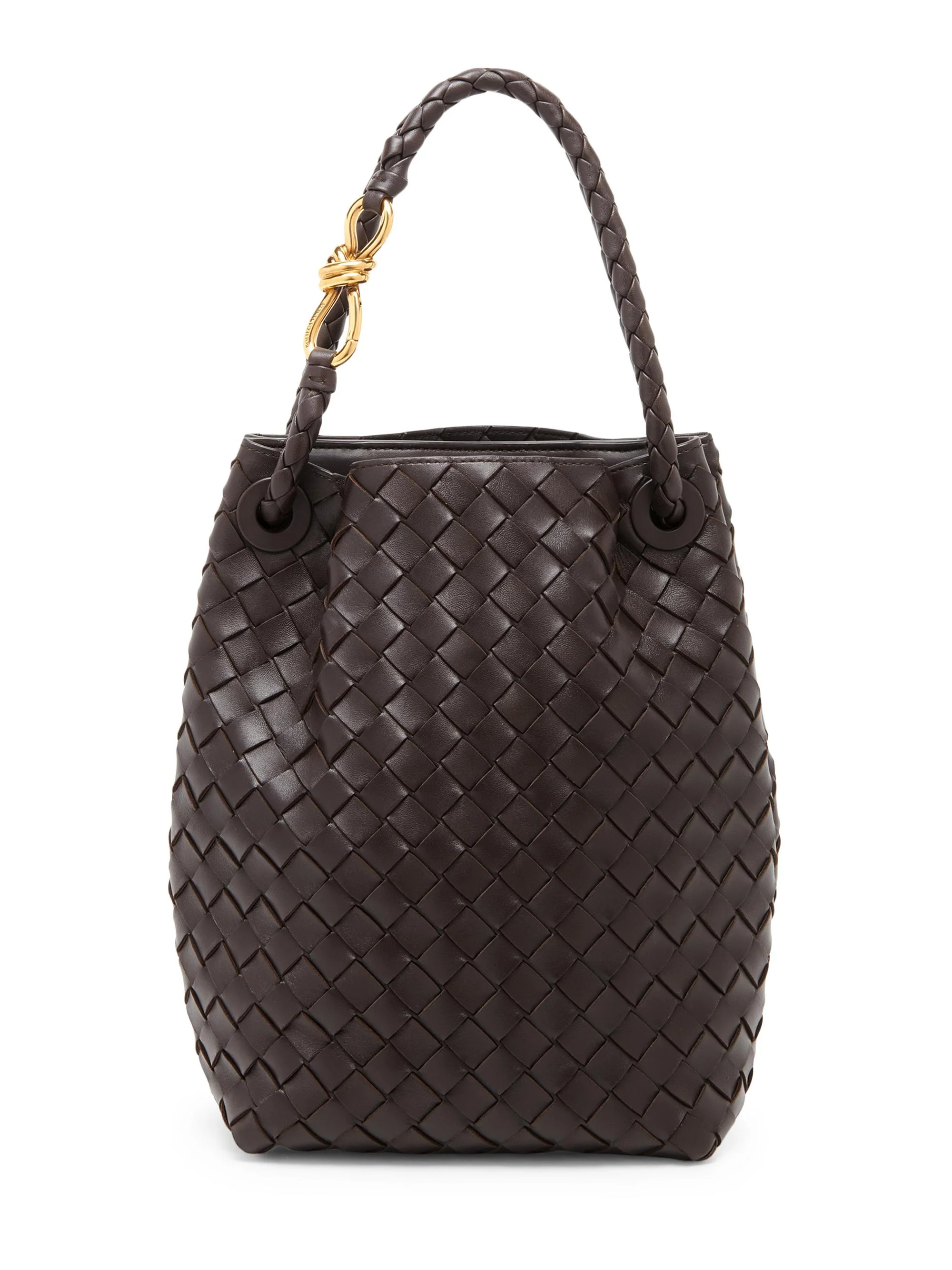 Women's Small Andiamo Intrecciato Leather Bucket Bag - Fondant Brass - 1