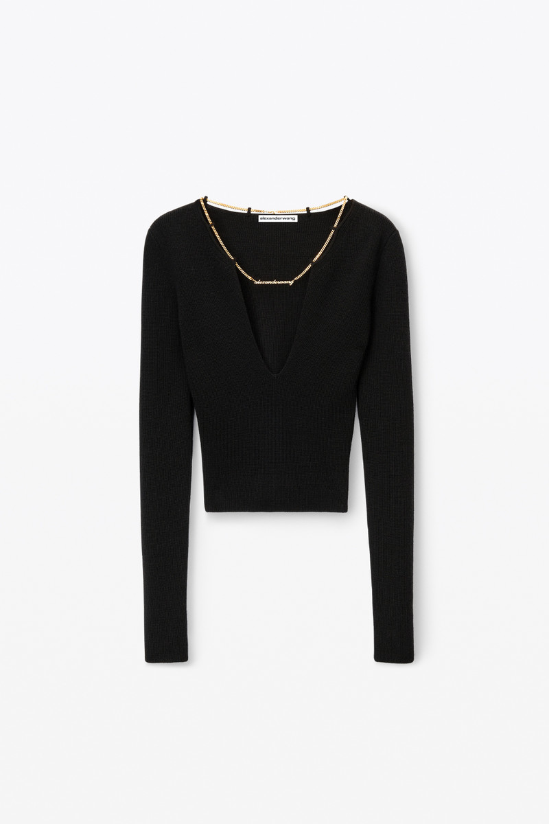 merino wool v neck pullover with logo nameplate 1