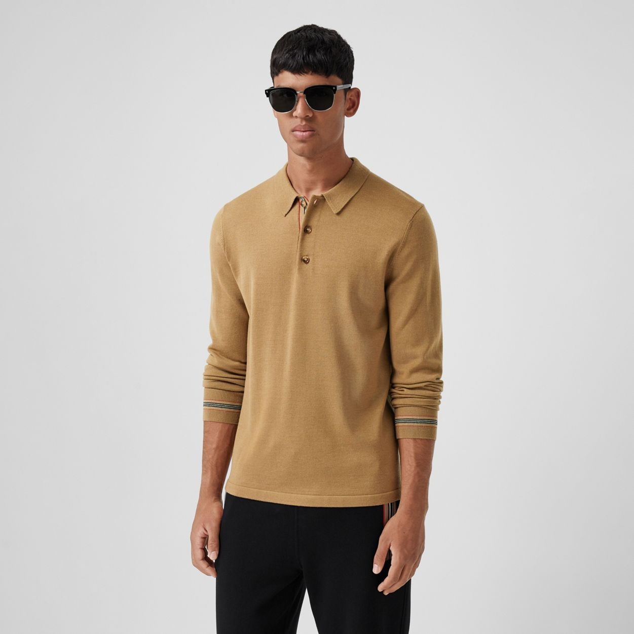 Long-sleeve Icon Stripe Detail Merino Wool Polo Shirt - 2