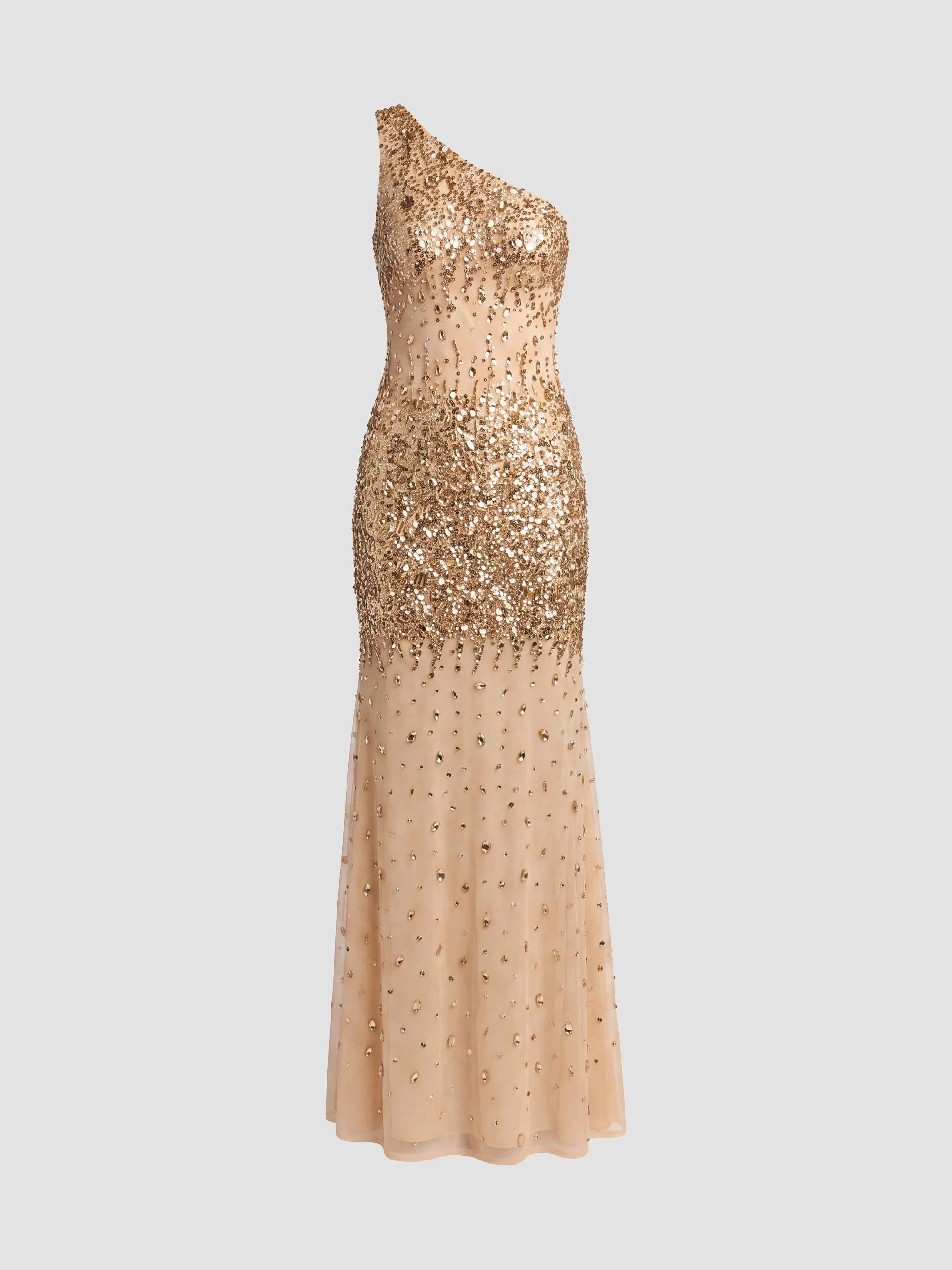 Women's Beaded Mesh One-Shoulder Fitted Gown - Gold Beige - 1