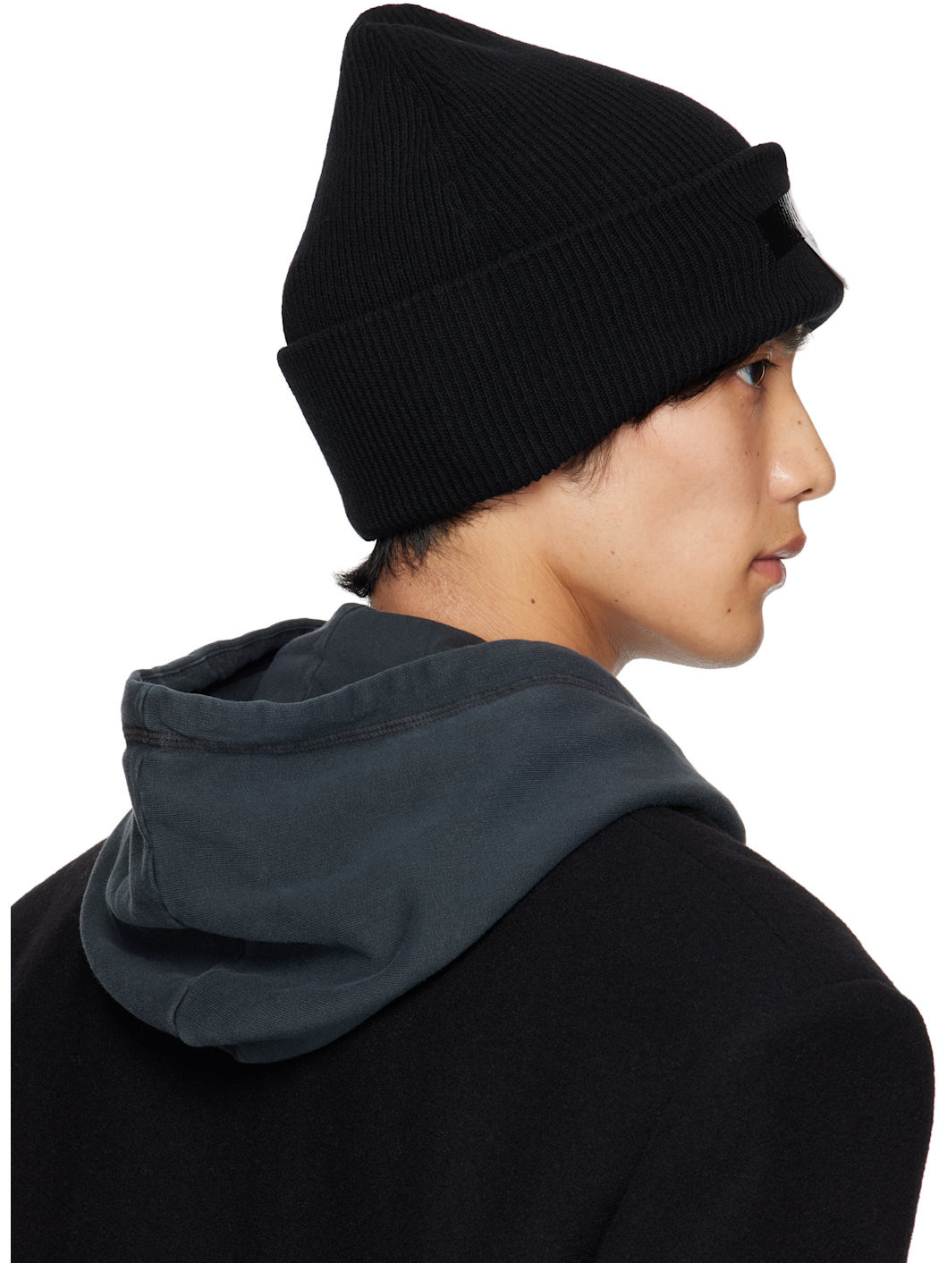 Black Taped Label Wool Beanie - 3