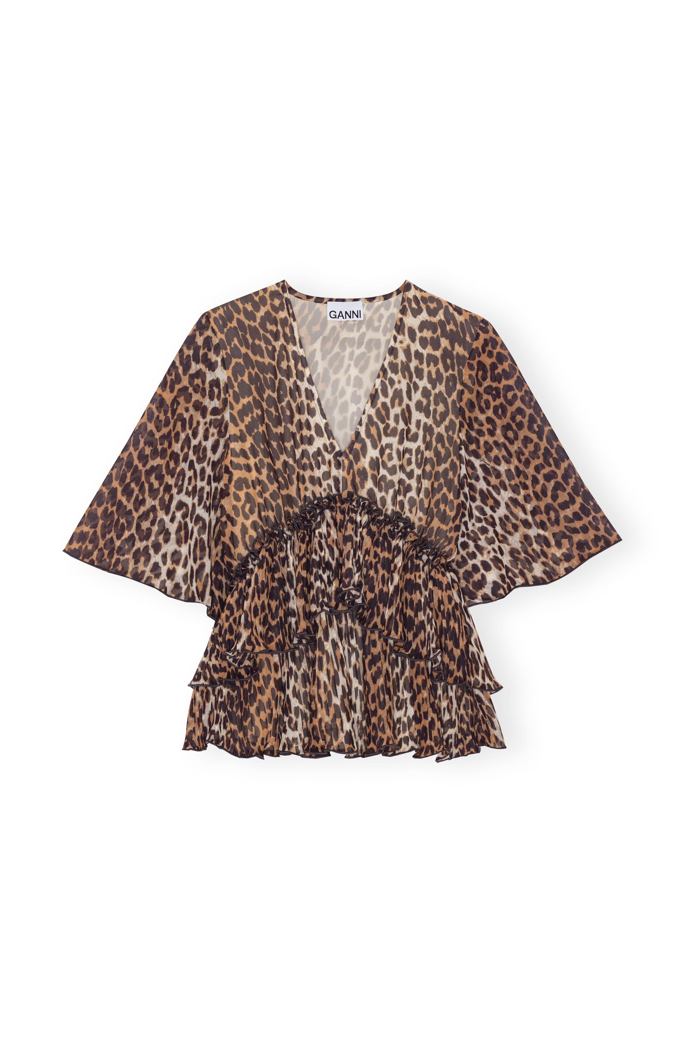 LEOPARD PLEATED GEORGETTE V-NECK FLOUNCE BLOUSE - 6